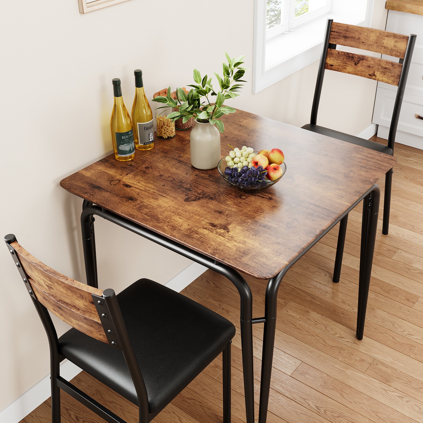 3 Piece Dining Set Gray Black Storage Compact Kitchen Dining Room Square Modern