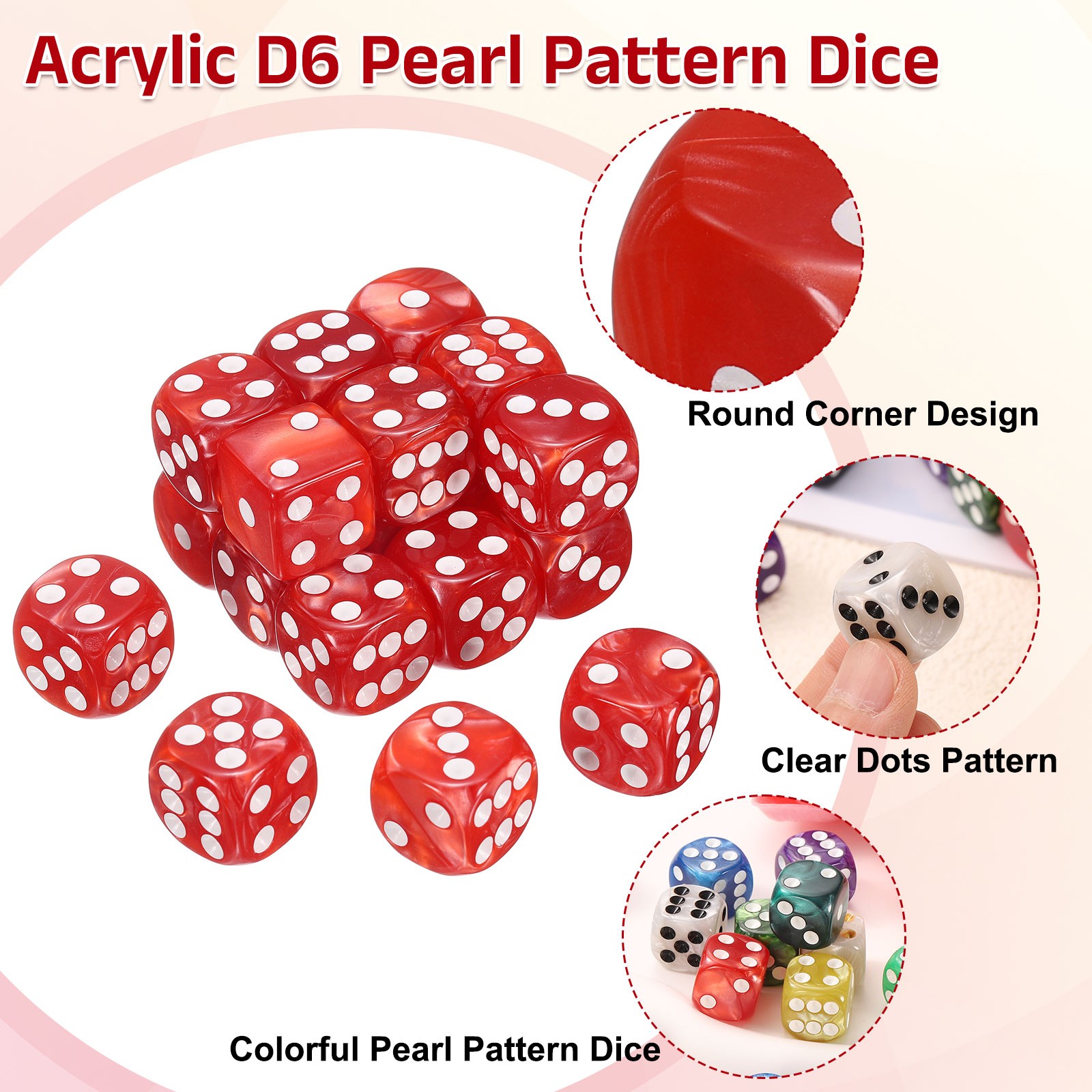 24Pcs 6 Sided Colored Standard Dice, Acrylic D6 Pearl Pattern Dice, Red