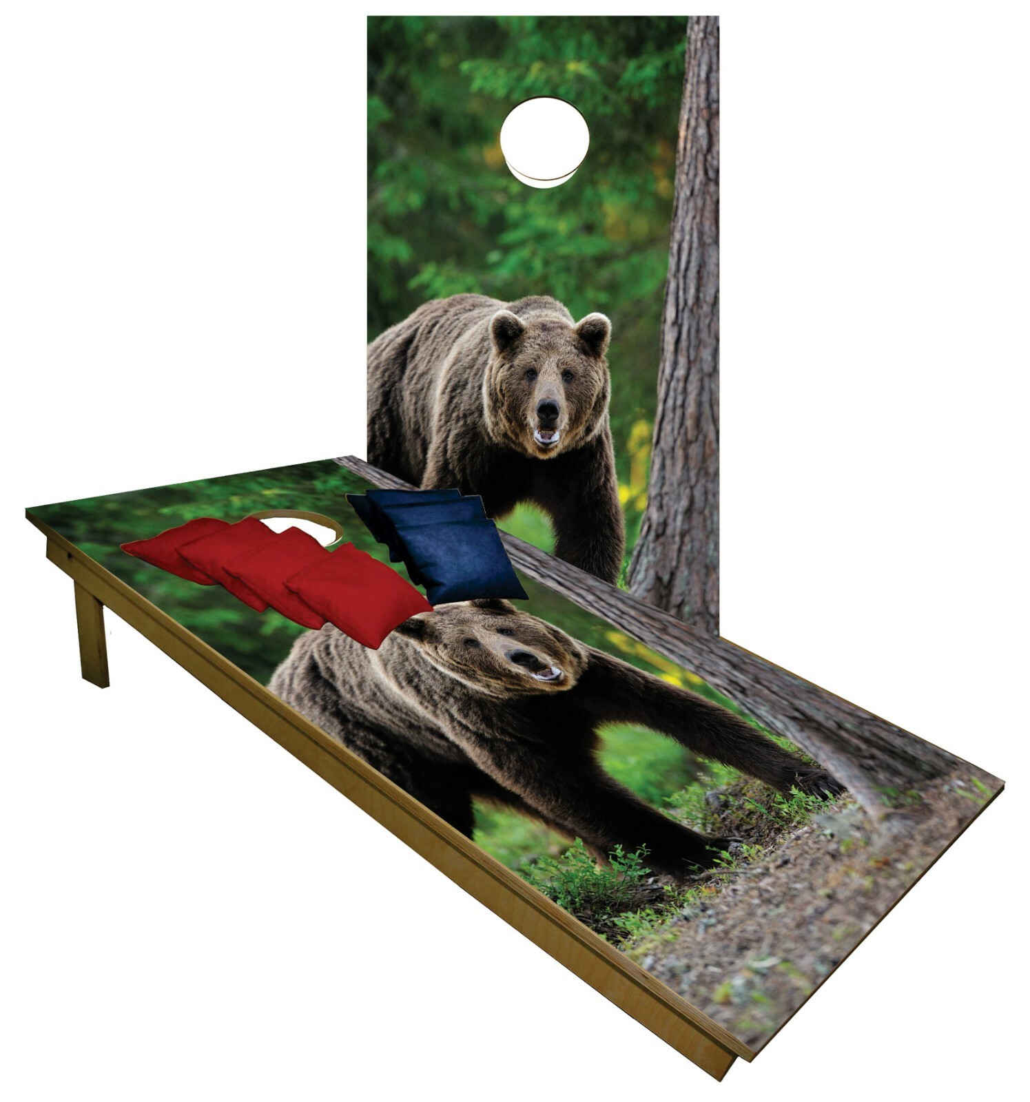 CORNHOLE BEANBAG TOSS GAME w Bags Grizzly Bear Nature Forest Wood Board Set