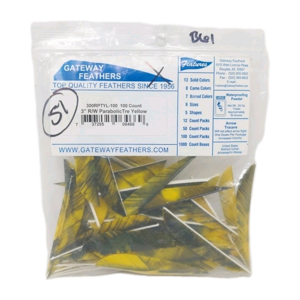 51 Count Gateway Archery Arrow Feathers 3" Right Wing Parabolic: Camo Tre Yellow