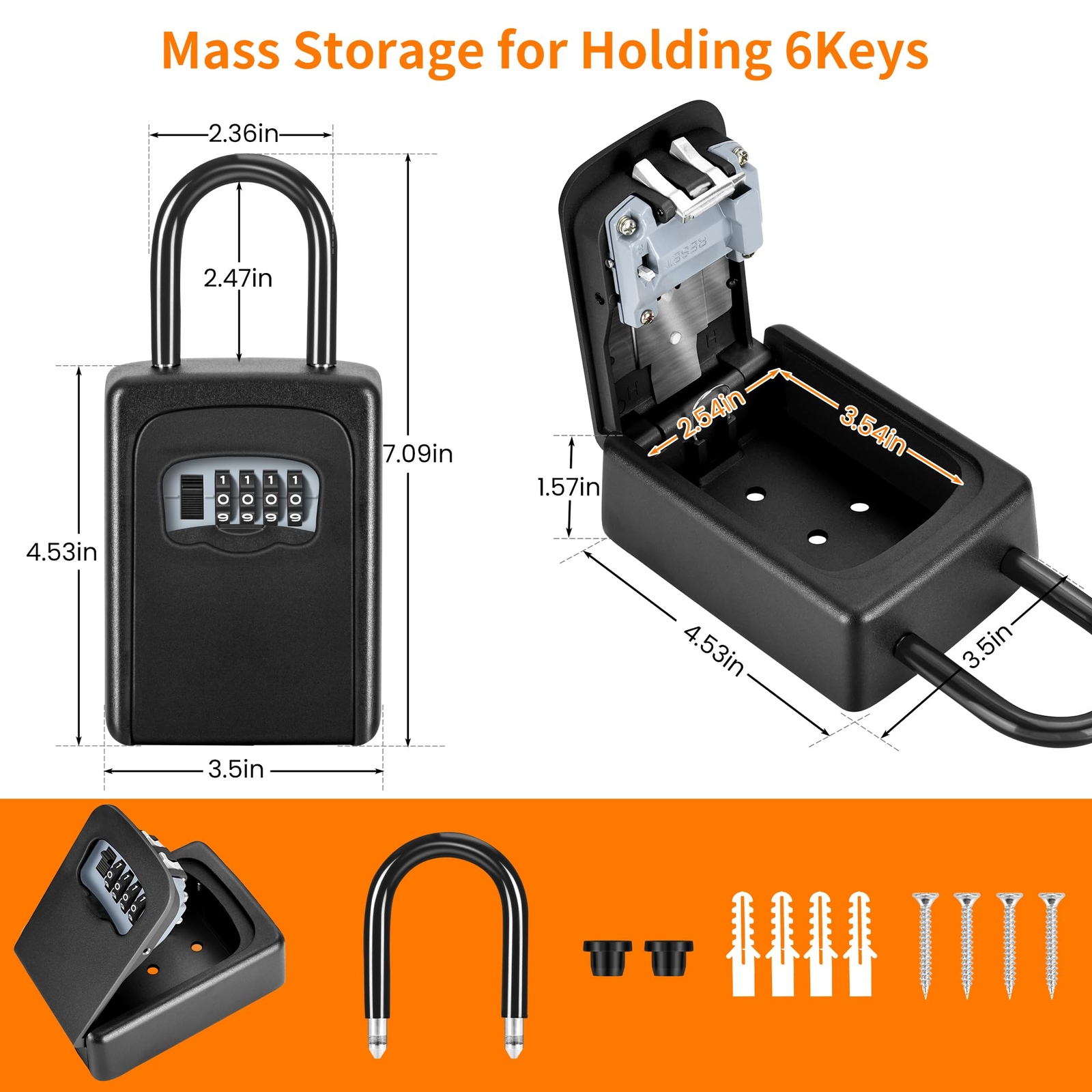 Portable Key Lock Box Wall Mounted 5-Key Capacity Resettable Code