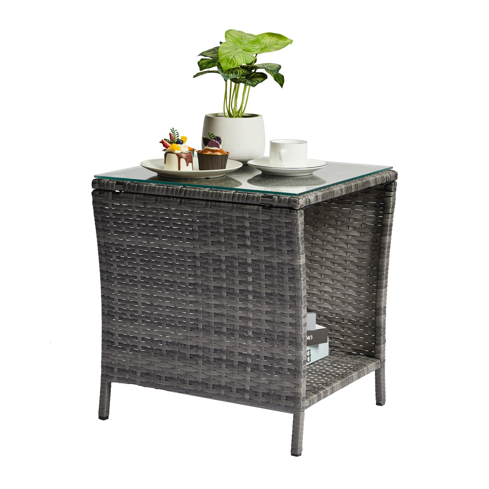 Wicker Side Table, Square End Table Bistro Coffee Table with Glass Top