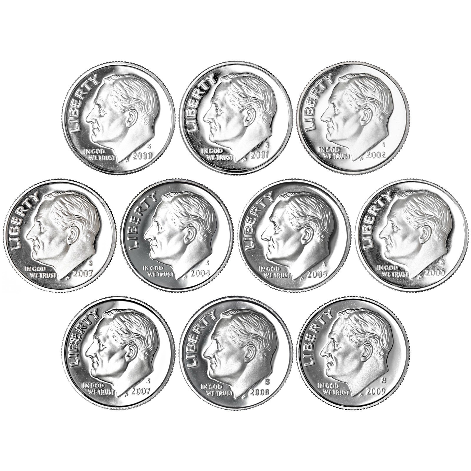 2000-2009 S Roosevelt Dime Gem DCam Proof Run 10 Coin Decade Set CN-Clad