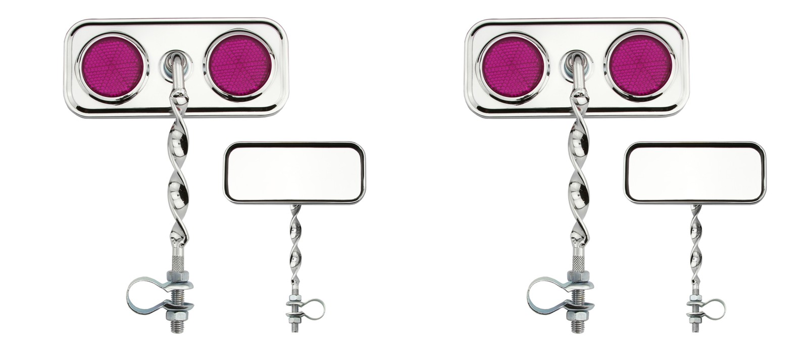 Bike Two Rectangle Flat Twisted Mirror Chrome Purple Reflectors.