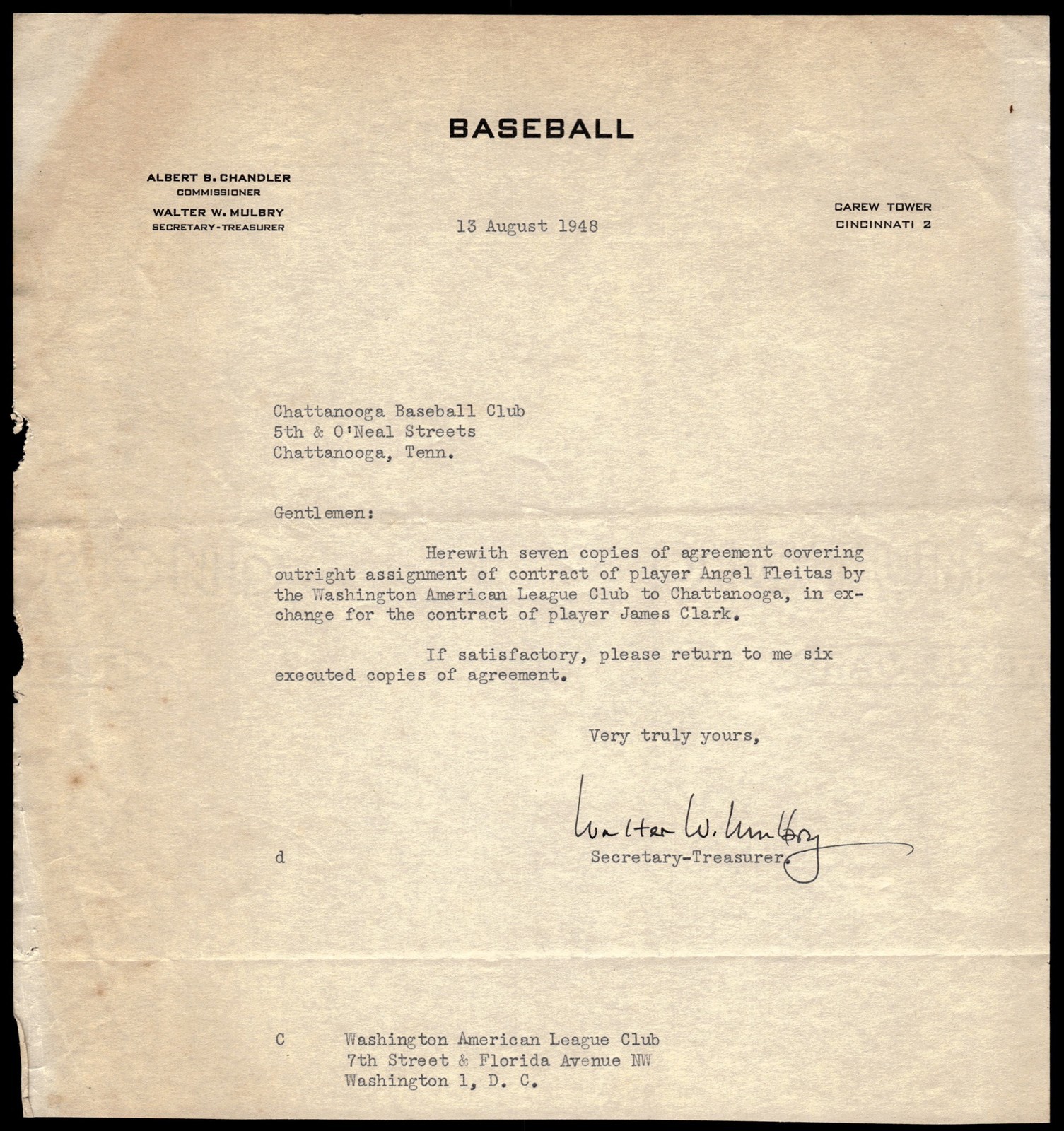 Walter Mulbry MLB Secretary Treasurer Signed 1948 Letter Angel Fleitas *LP219