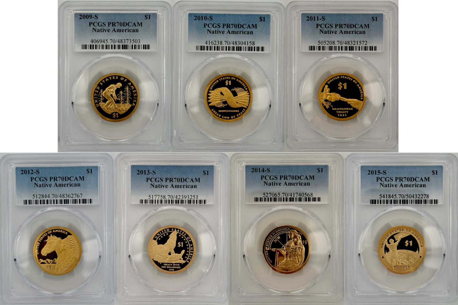 2009 - 2012 , 2013 - 2015 S $1 Proof PCGS 70 DCAM 7 Coin Sacagawea Dollar Set