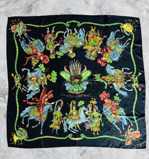 HERMES Carre 90 LES FETES DU ROI SOLEIL Silk Scarf Black W 90cm Japan [Used]