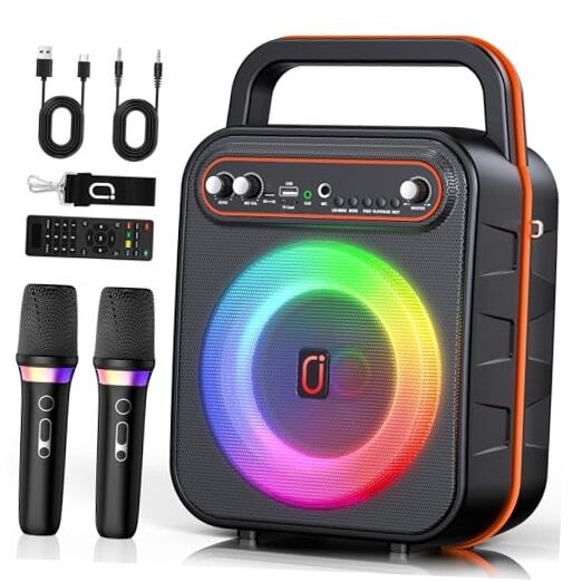 Karaoke Machine for Adults & Kids, Portable Bluetooth Speaker with 2 Wireless