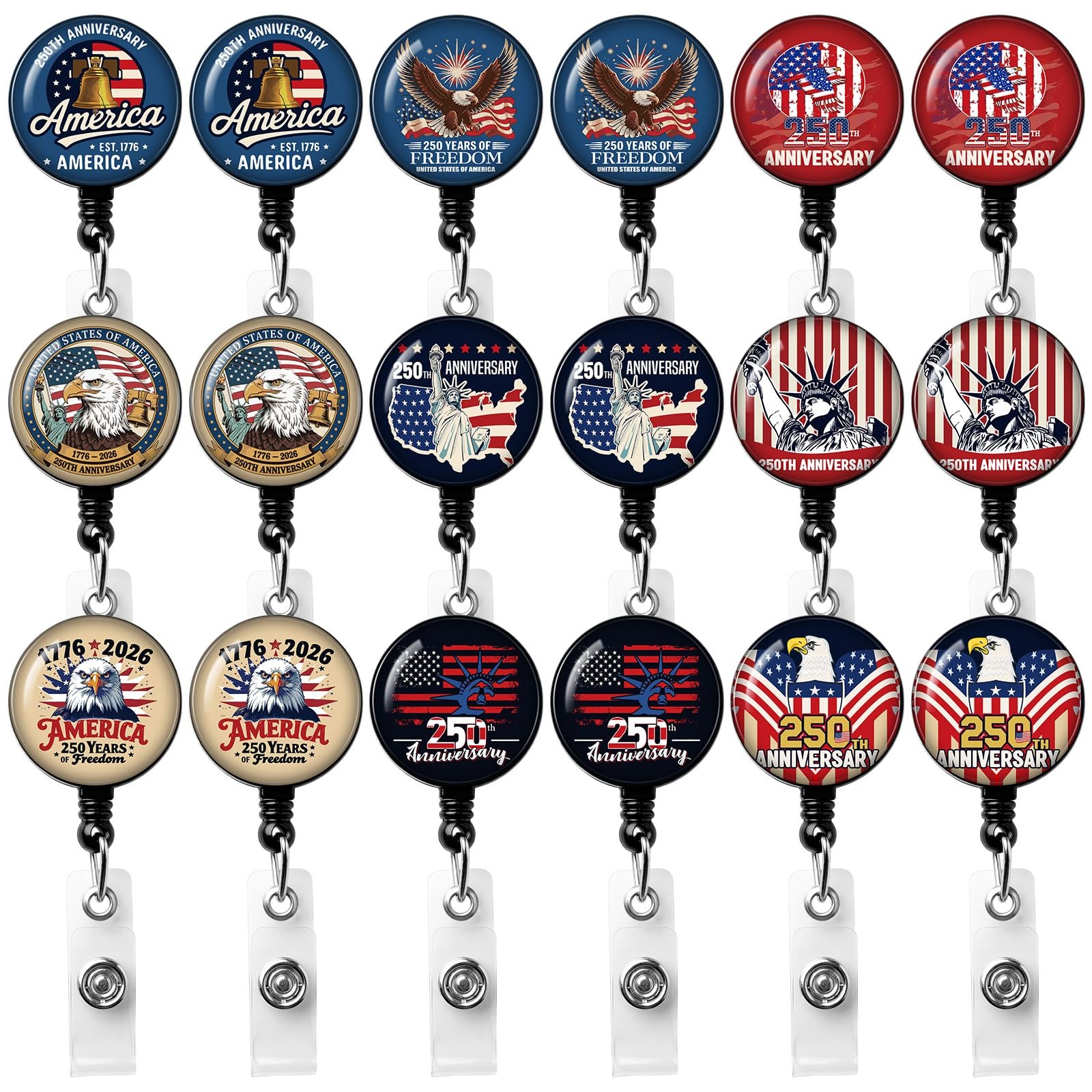18 Pcs 4th of July Badge Reel Retractable Patriotic Badge Holder 250th Anniversa