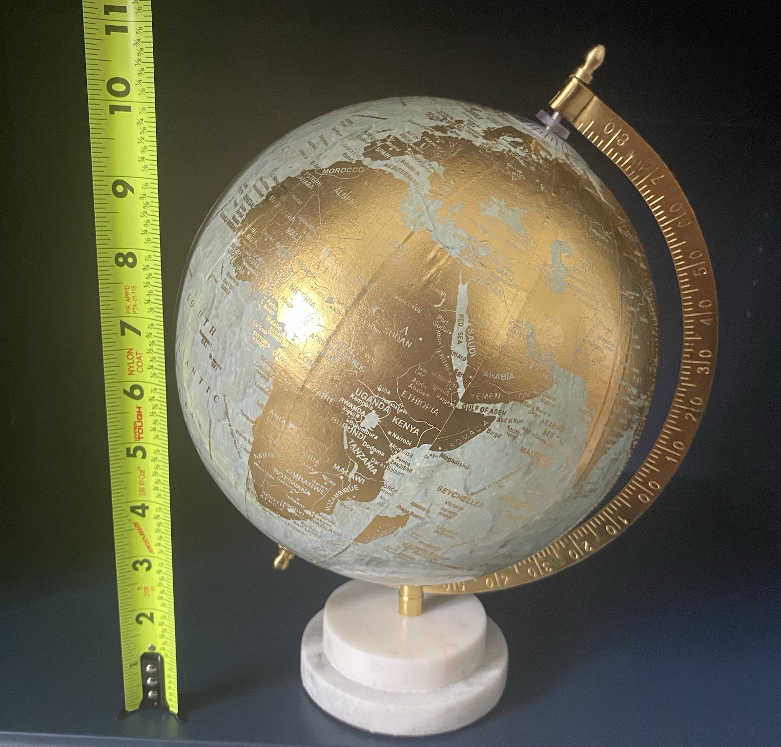 Gold ,Light Blue and White Decorative Globe with Marble Base, Rotating, 8"