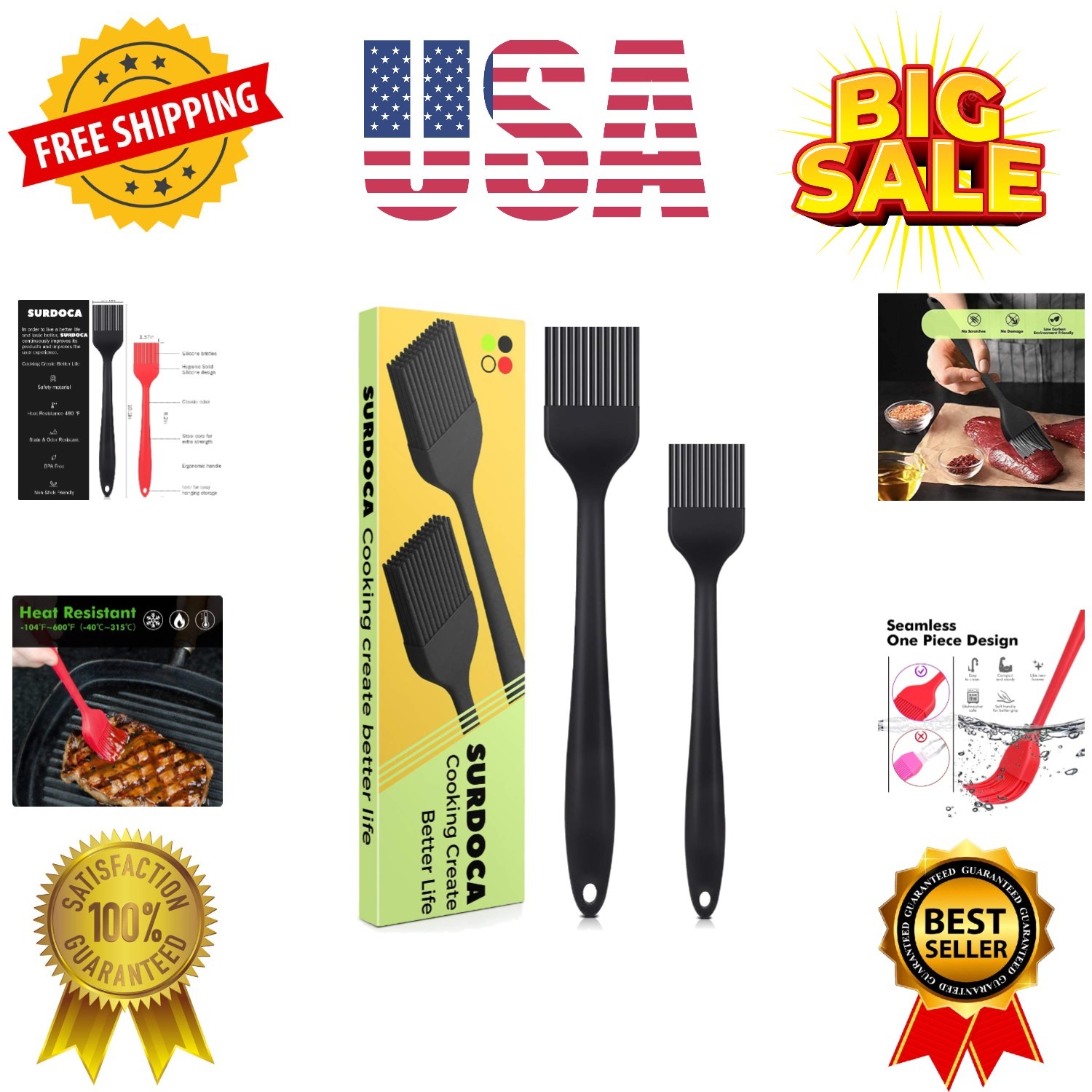 Silicone Pastry Basting Brush - 2Pcs 10 + 8 in Heat Resistant Brush for Bakin...