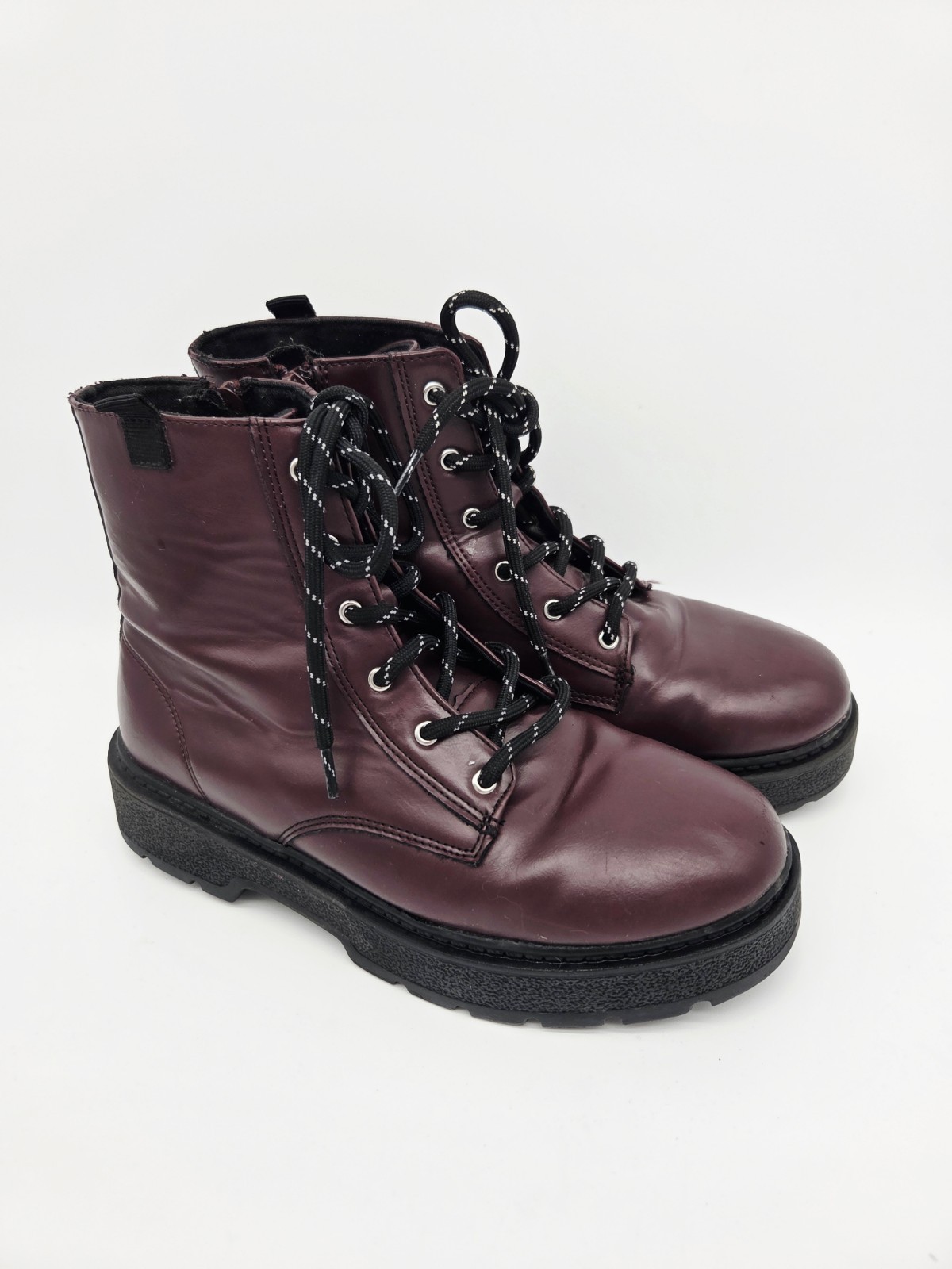 Women's Zara Boots Burgundy Lace Up Side Zip Combat Granny EU 37