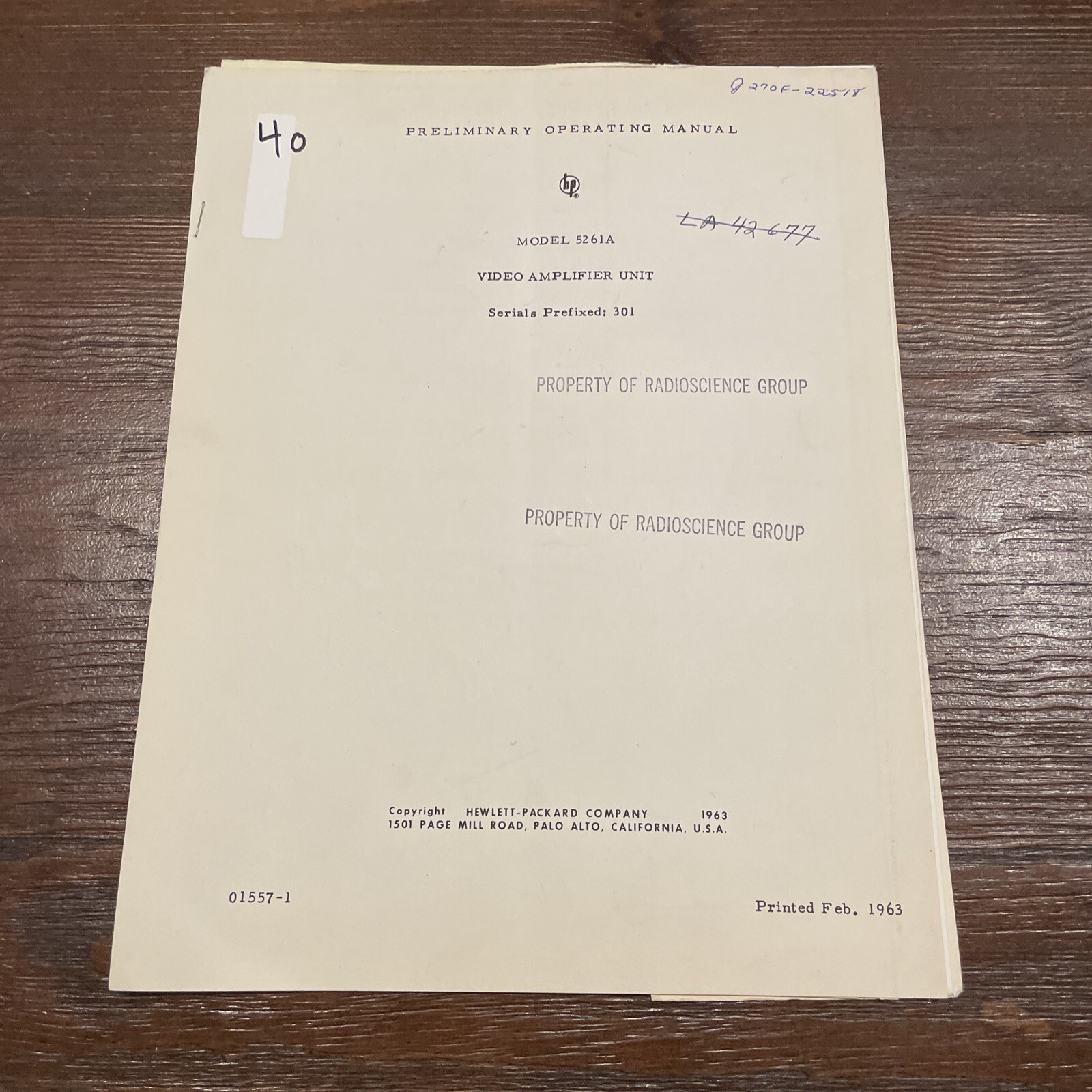 HP 5261A Video Amplifier Unit Preliminary Operating Manual 05261-9003