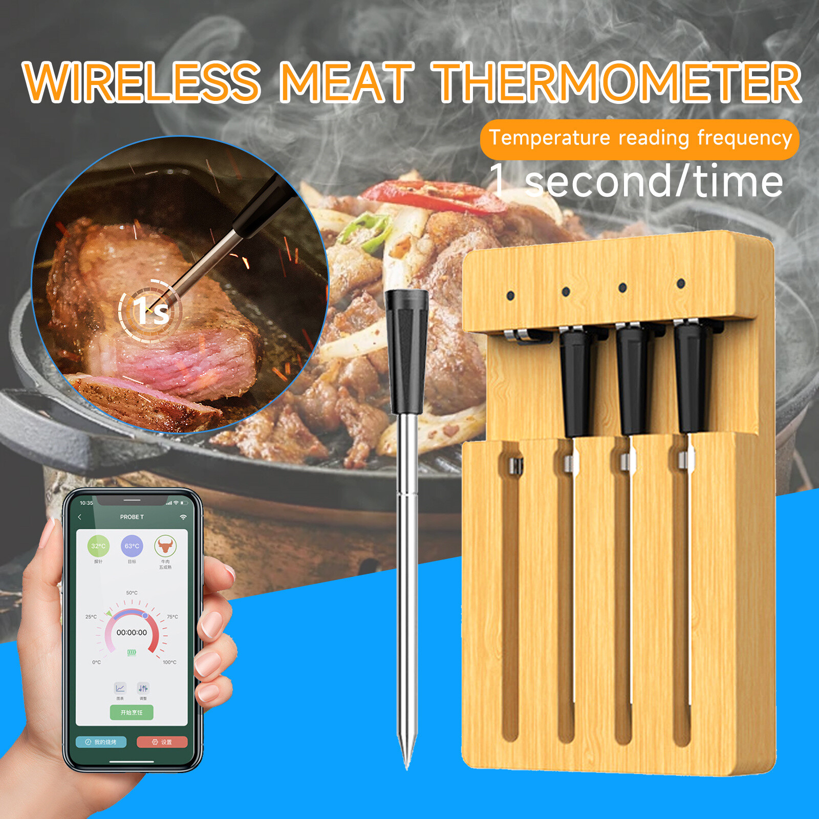 Wireless 4 Probe Digital Bluetooth Smart Meat Thermometer For Oven Grill BBQ