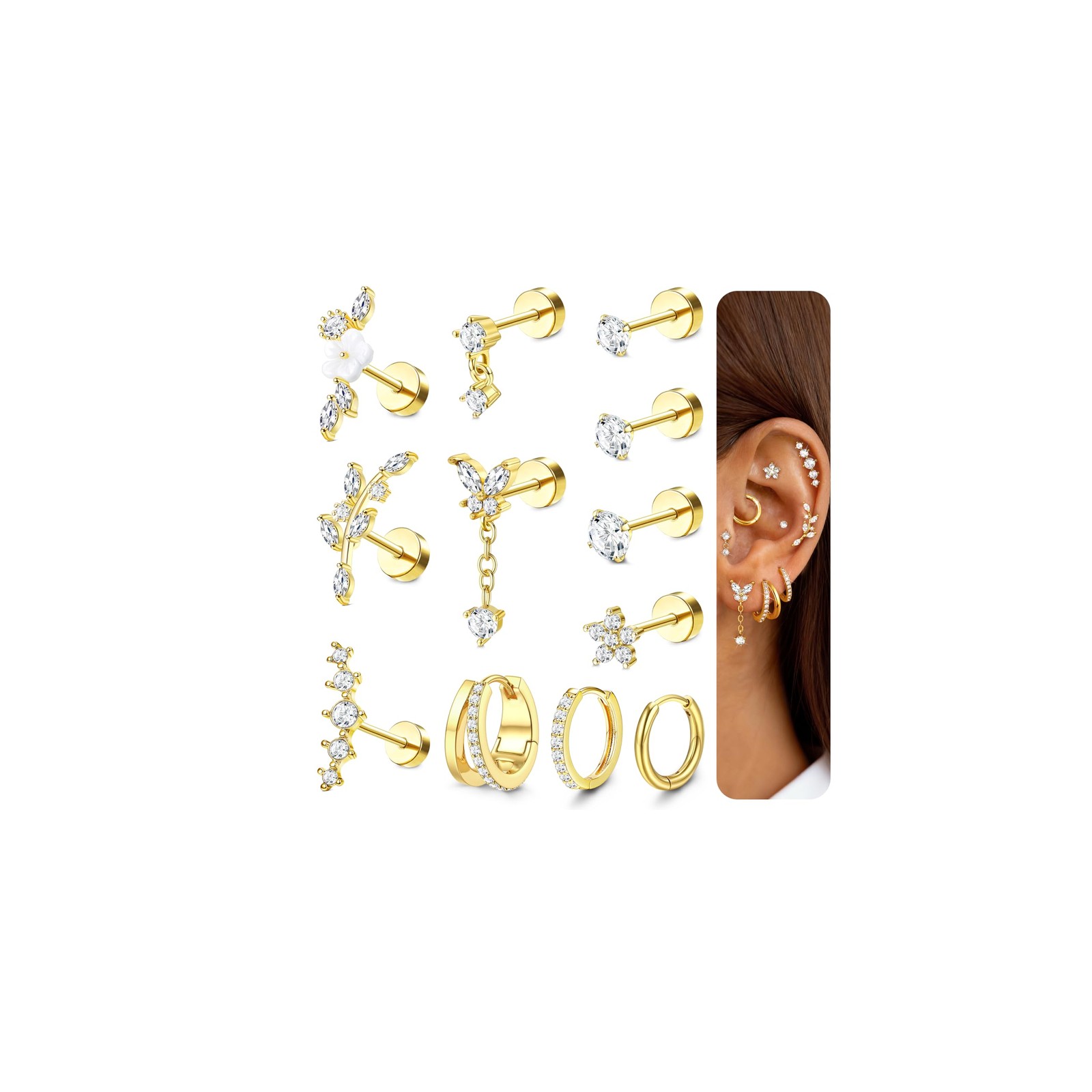 LOLIAS Hypoallergenic Cartilage Earrings for 16G, 18G, 20G, 14K Gold Plated