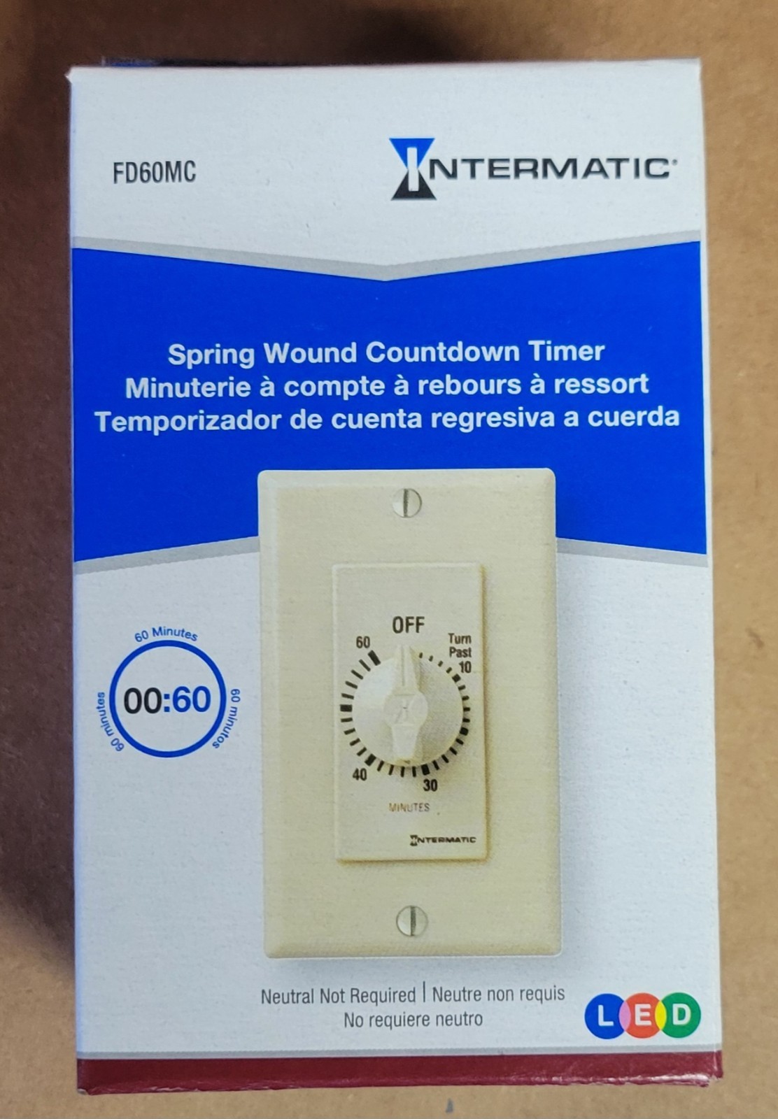 Intermatic FD60MC Spring Wound Countdown Timer Rotary Dial Wall Switch LED Beige
