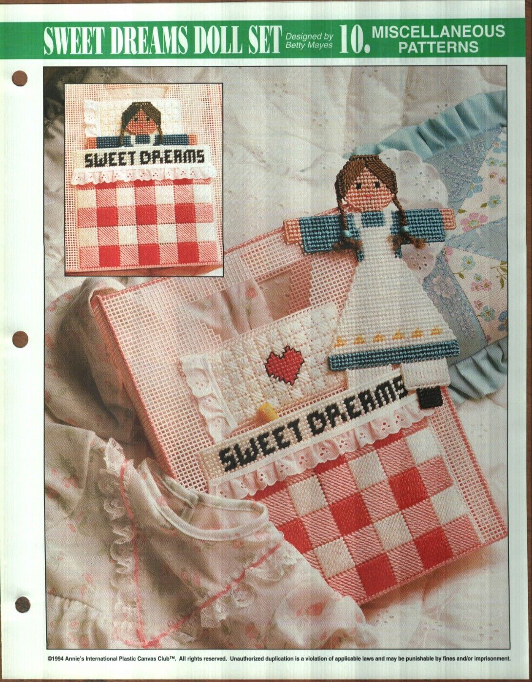 NEW SWEET DREAMS DOLL SET PJ TOTE ANNIES PLASTIC CANVAS PATTERN INSTRUCTIONS HTF