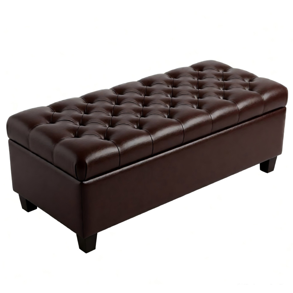 Brown PU Leather Storage Ottoman Bench with Safety Hinges for Living Room