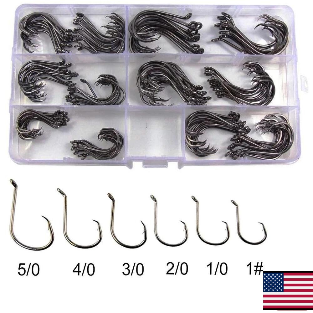160 Offset Circle Fishing Hooks/Box - Black High Carbon Steel: Sizes #1-5/0