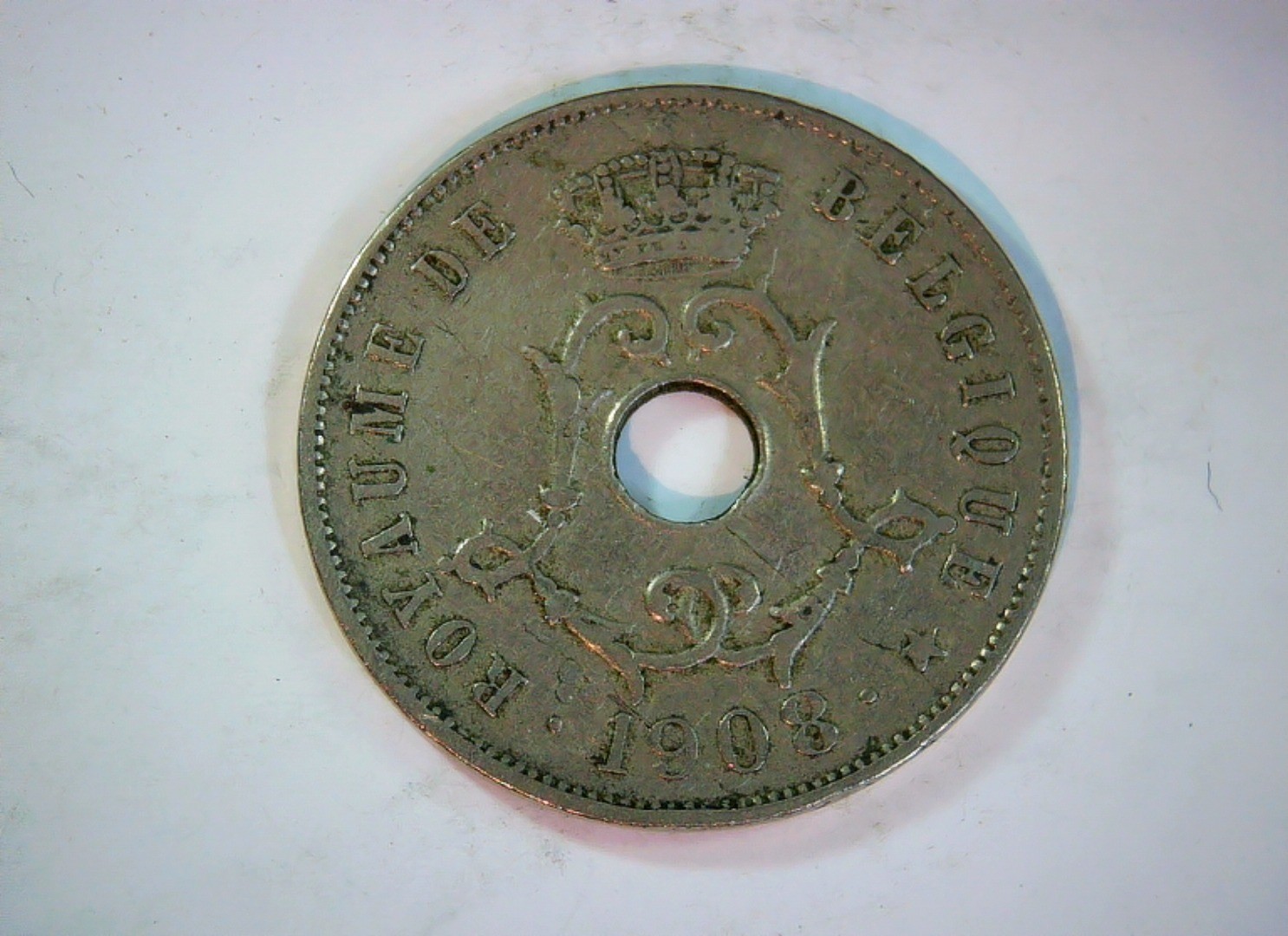 Belgium 1908 25 Centimes Belgium 25 Centimes (Leopold II, holed type) Coin