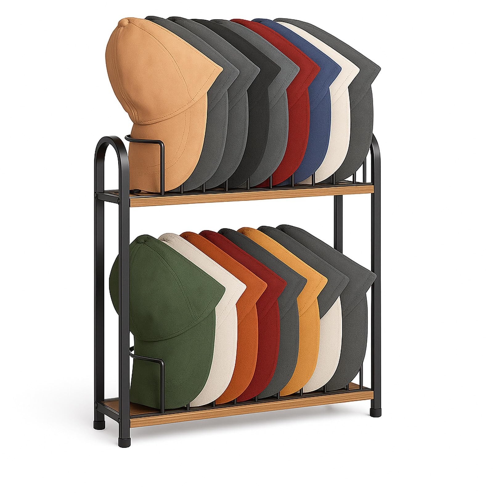 SWTYMIKI Hat Stand for Baseball Caps - 2 Tier Wood & Metal Removable Tabletop...