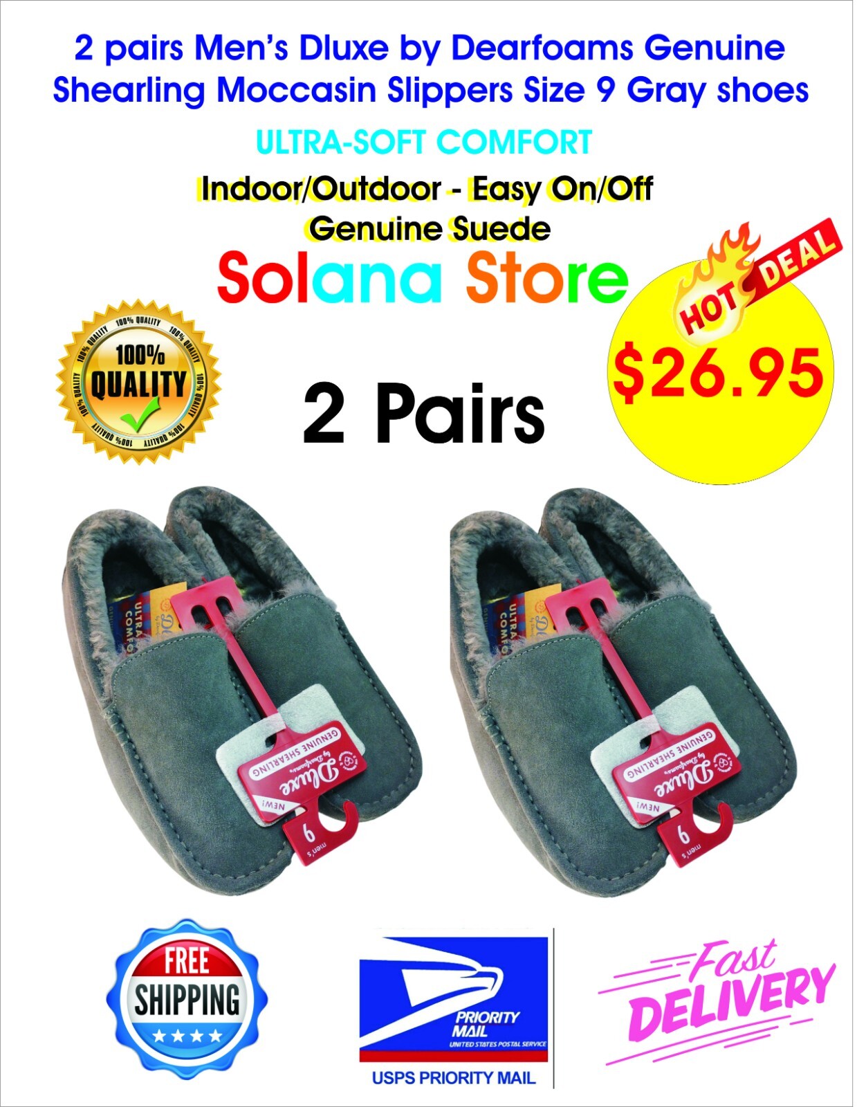 2 Pairs Men's dluxe by dearfoams Genuine Shearling Moccasin Slippers Size 9 Gray