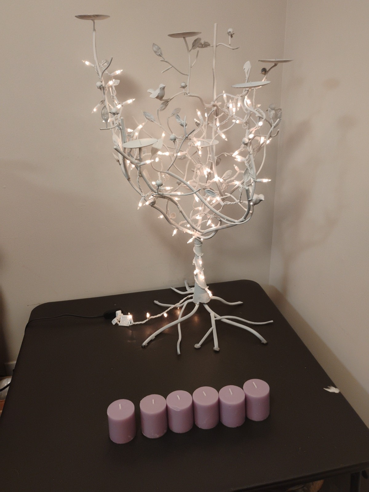 18"X36" White Metal Tree Table Top Candle Holder W/ 6 Lavander Candles & Lights