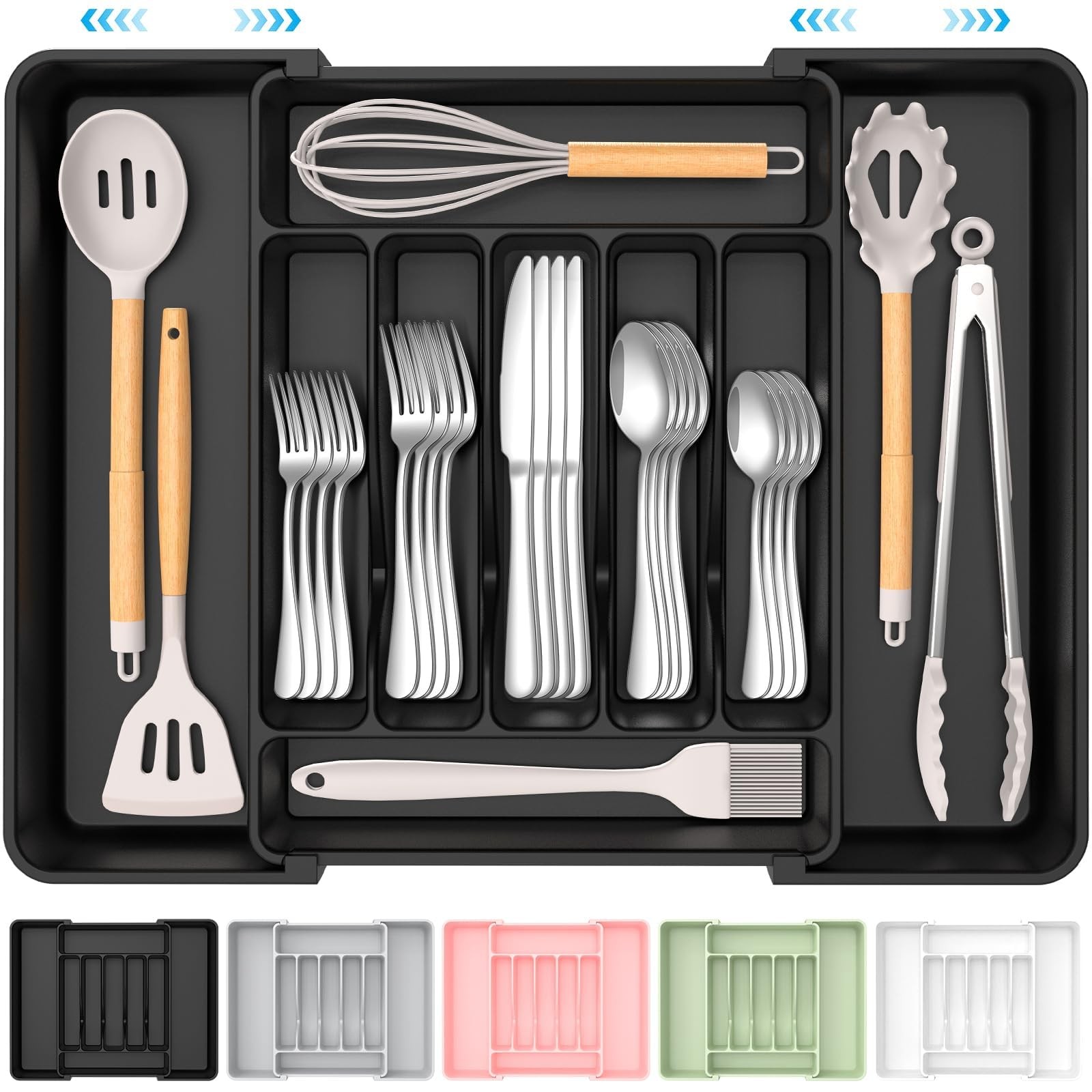 ukeetap Extra Large Expandable Silverware Organizer, BPA-Free Food-Safe Black