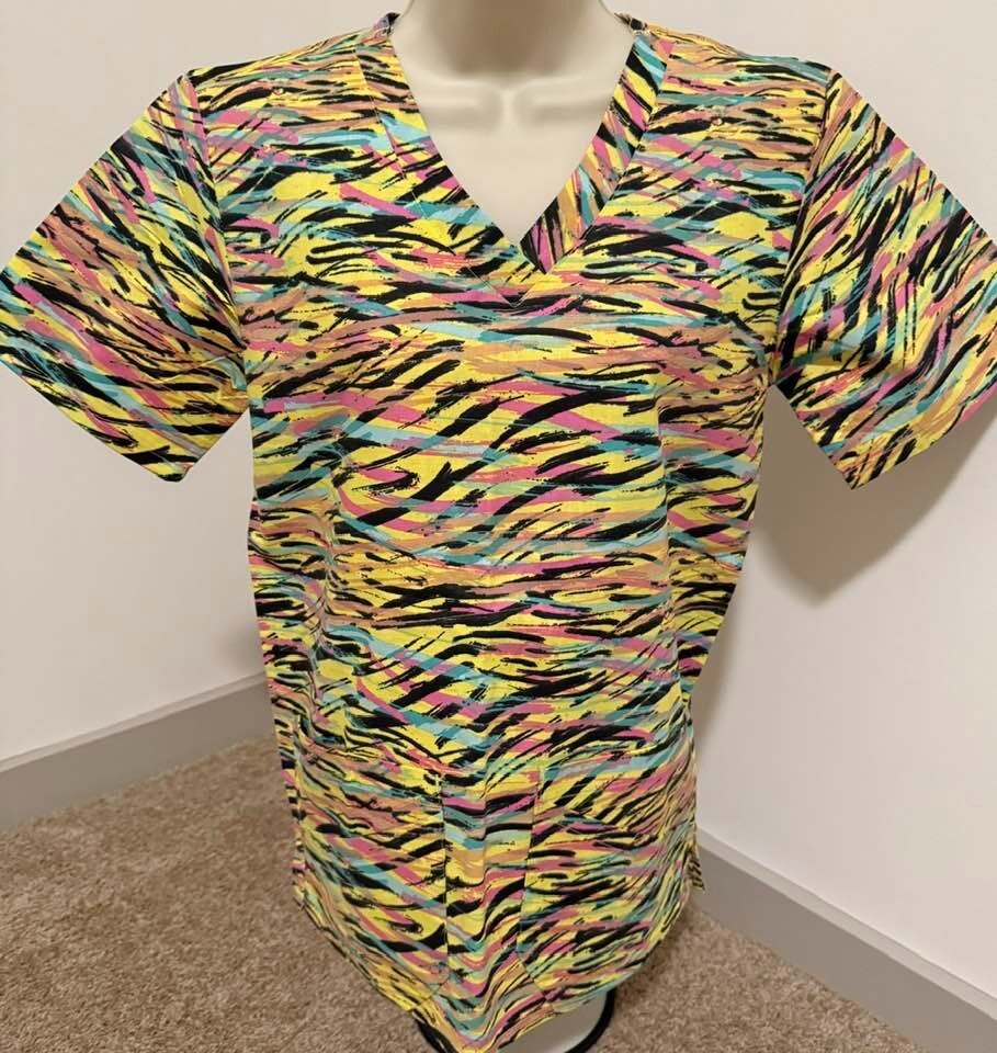 DELTA WOMENS SIZE XSMALL SCRUB TOP BRIGHT ZEBRA STRIPES NEW WITH TAGS