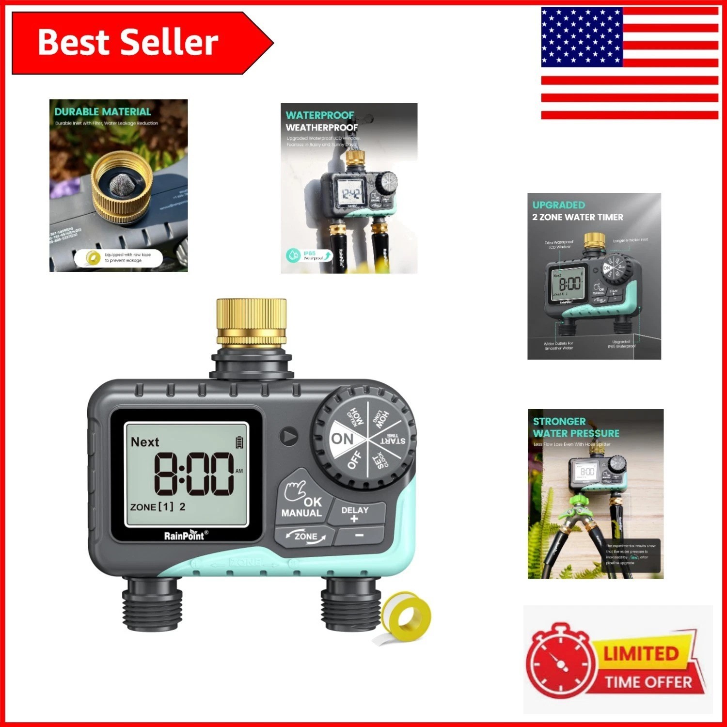 Programmable 2-Outlet Water Timer - Manual & Automatic Modes for Outdoor Use