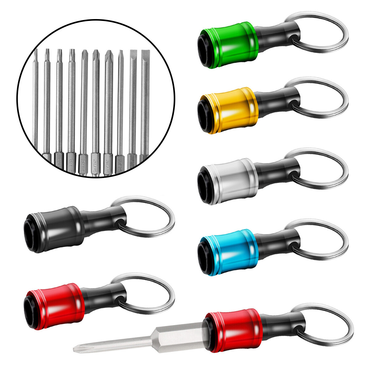 7Pcs 1/4" Hex Shank Quick Release Keychain Screwdriver Drill Bit Holder Bits Set