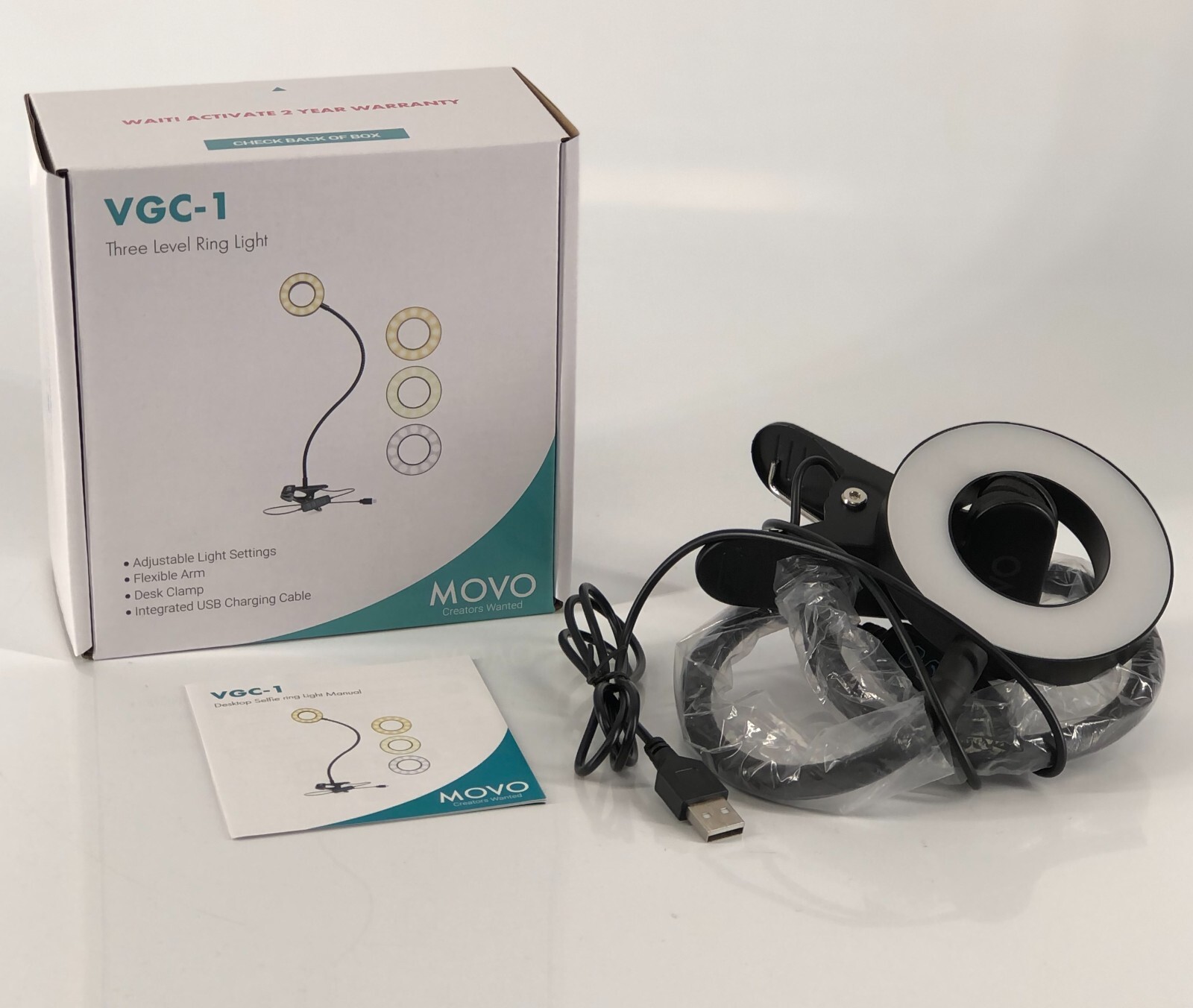Movo VGC-1 Flexible Selfie Ring Light 3 Light / 10 Brightness Settings Vlog USB