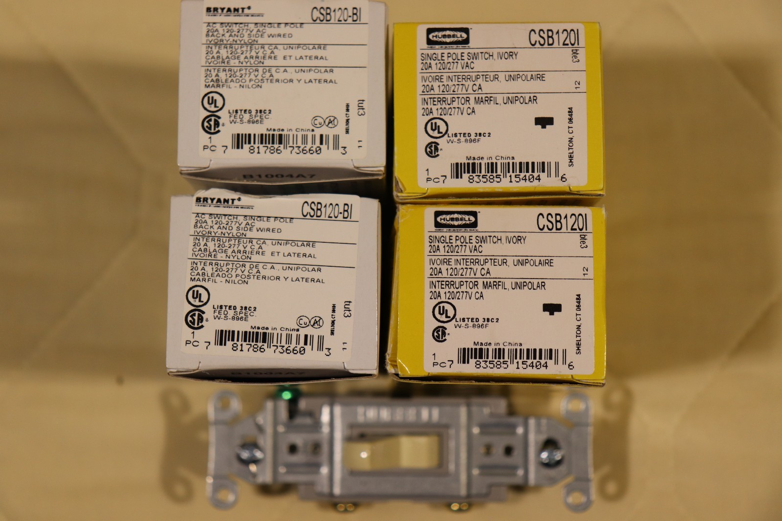 Lot of 4 Bryant Hubbell CSB120I Single Pole Toggle Switch  20A  120/277V  Ivory