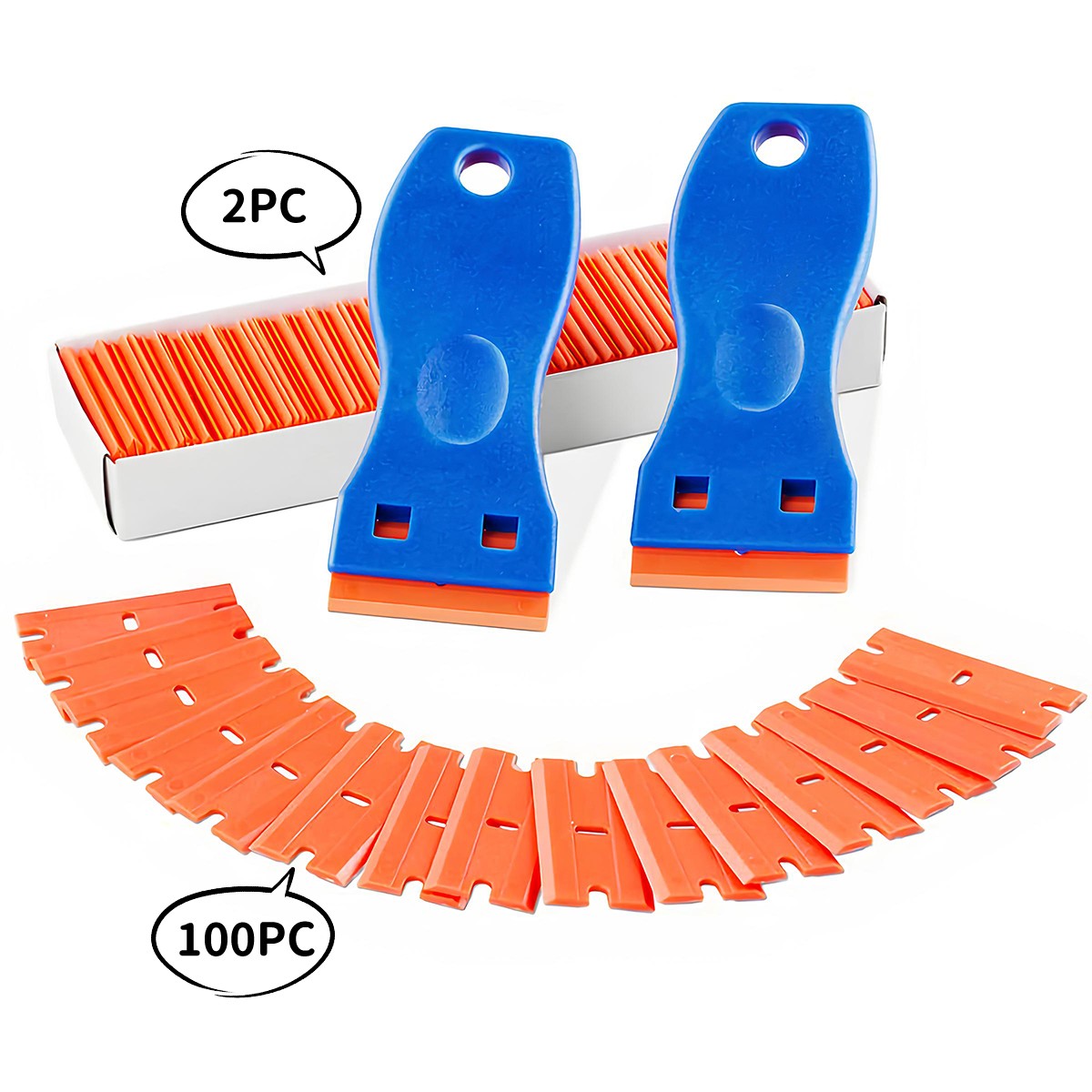 Plastic Razor Blade Scraper Tool Kit, 2 Scrapers + 100 Extra Replacement Blades