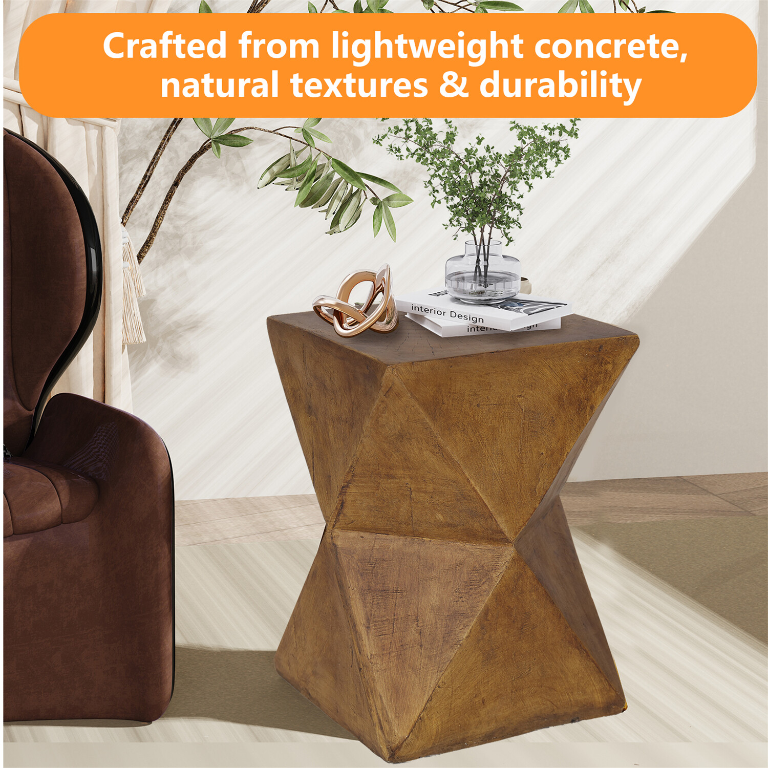 18'' Tall Unique Concrete Side Table Decor Outdoor Handmade End Table Geometric