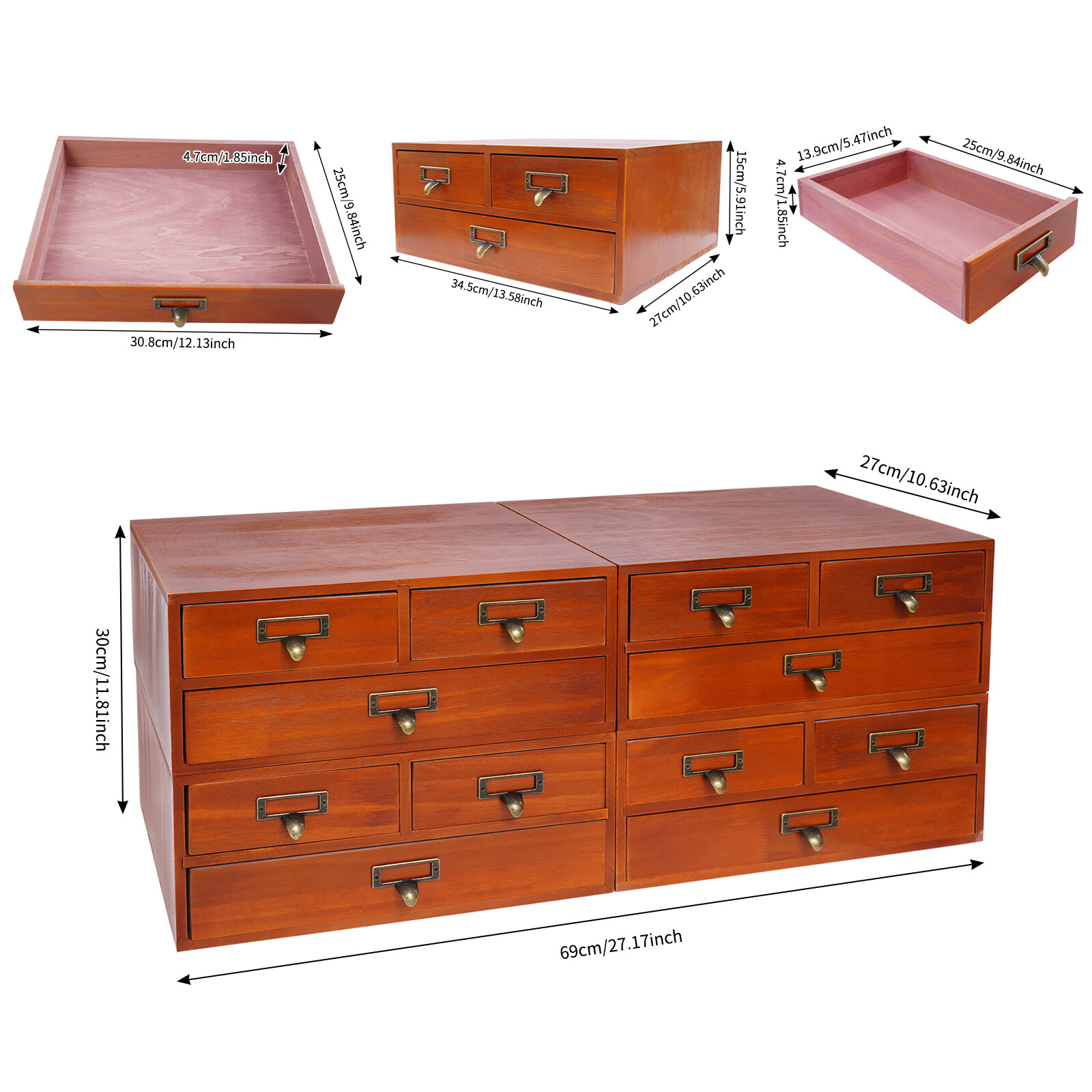 NEW 4 Pack Wooden Desktop Organizer 3 Drawer Storage Box For Tabletop Brown 10kg