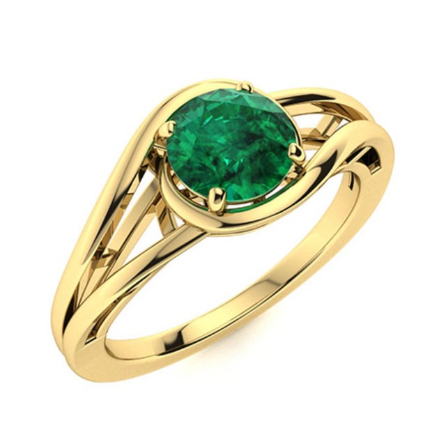 Solitaire 5MM Round Emerald 925 Sterling Silver Gold Plated Split Shank Ring