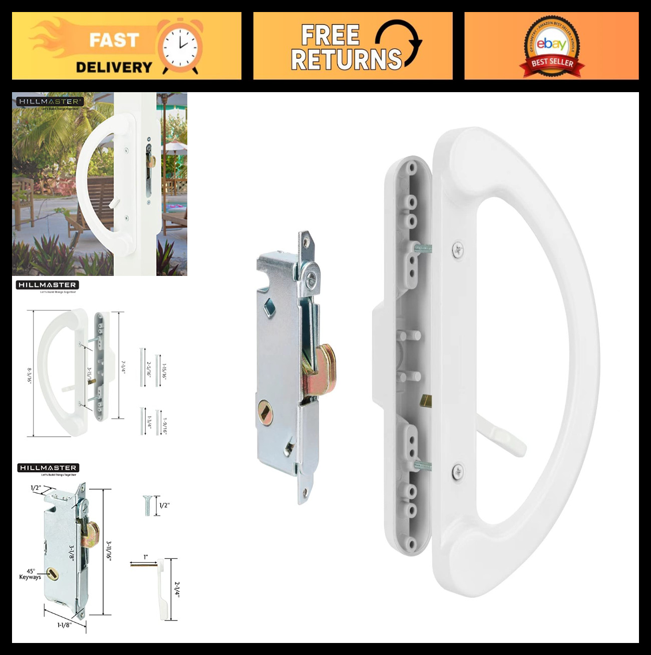 Sliding Patio Door Handle Set with Mortise Lock, Reversible Design, Non-Keyed, W