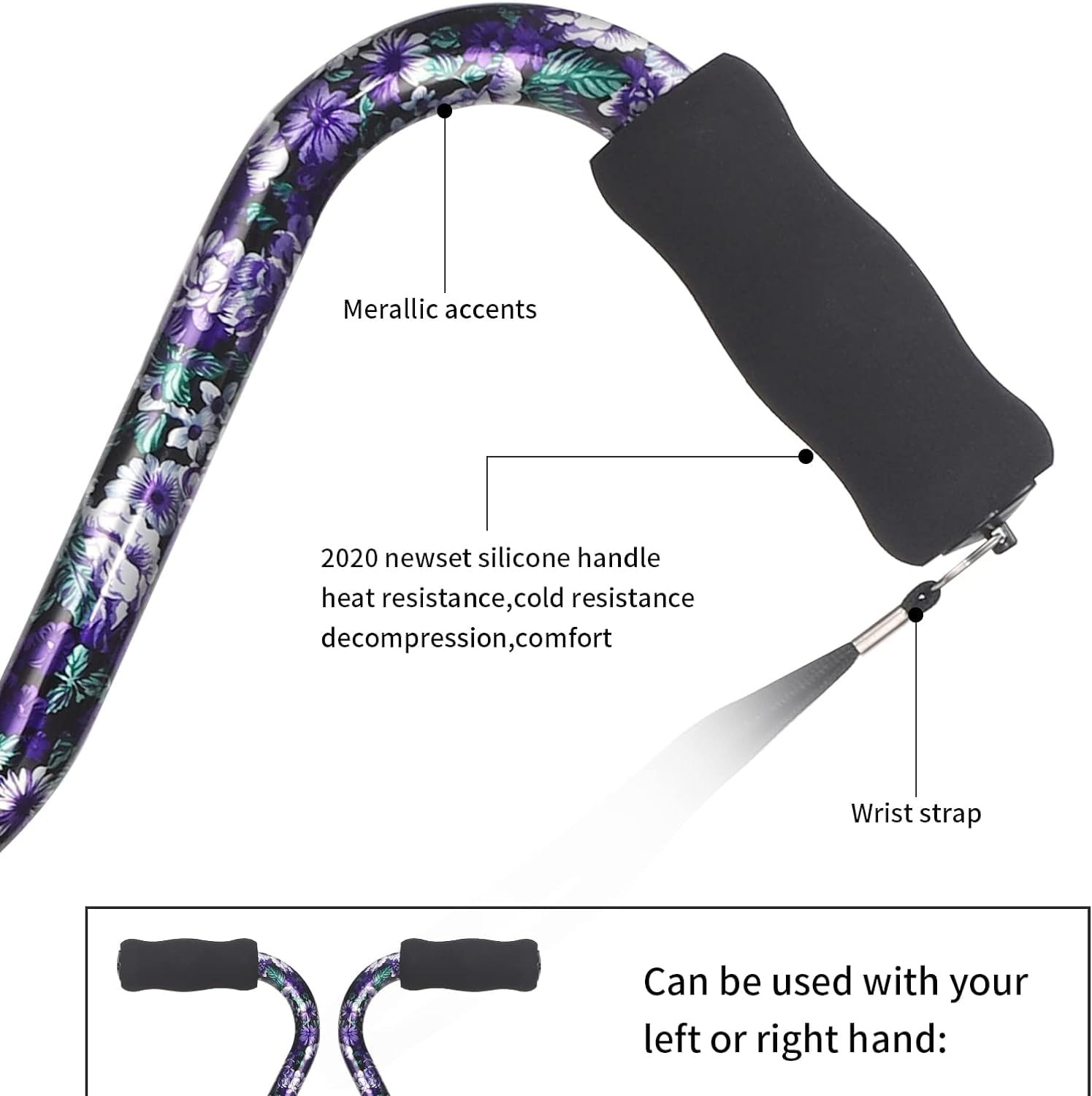 Floral Folding Walking Cane Lightweight Adjustable Stability NonSlip Base