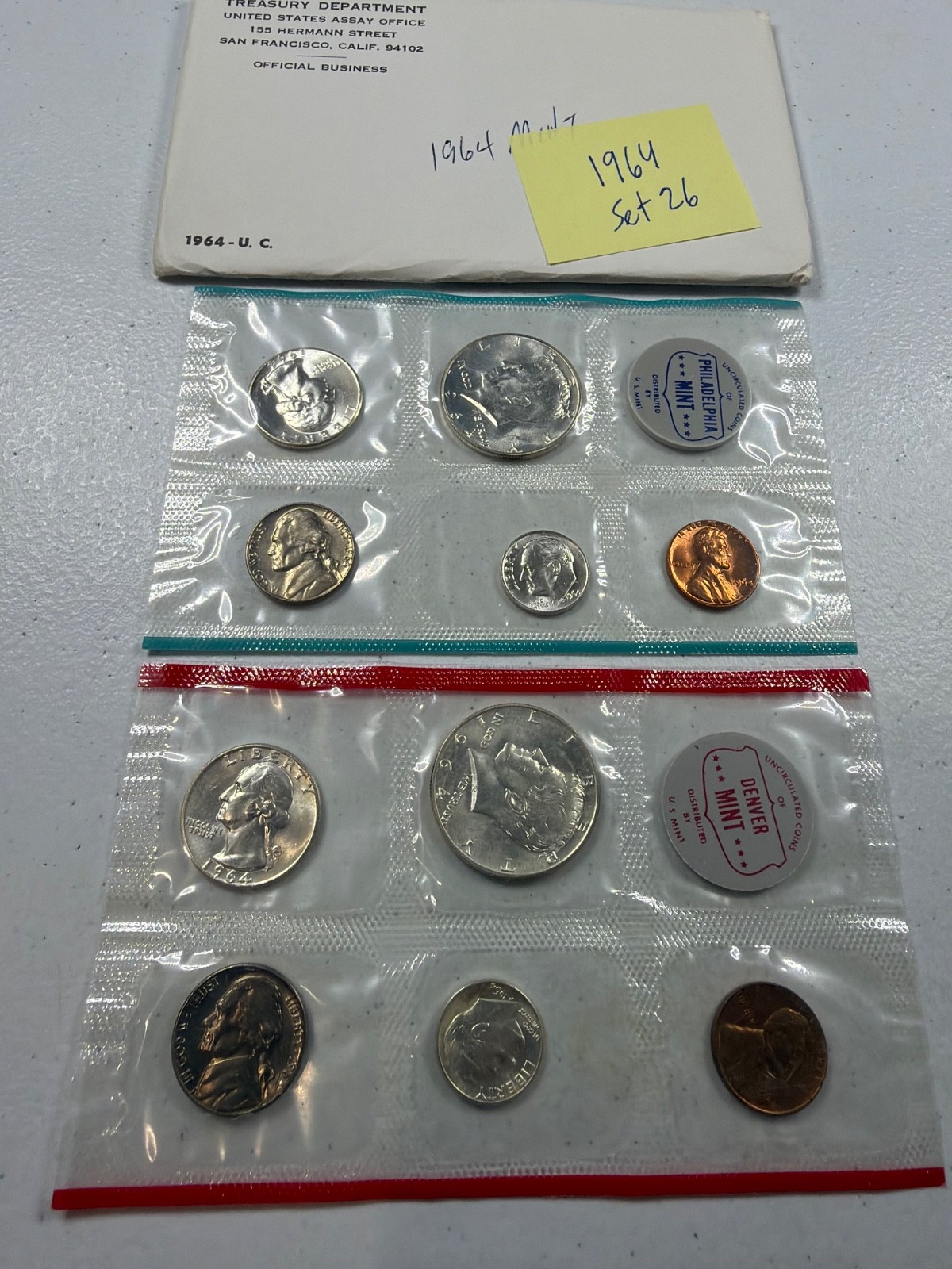 (1) 1964  US MINT SILVER P & D Set,  in all OGP,  w/ 90%  SILVER COINS,   SET 26