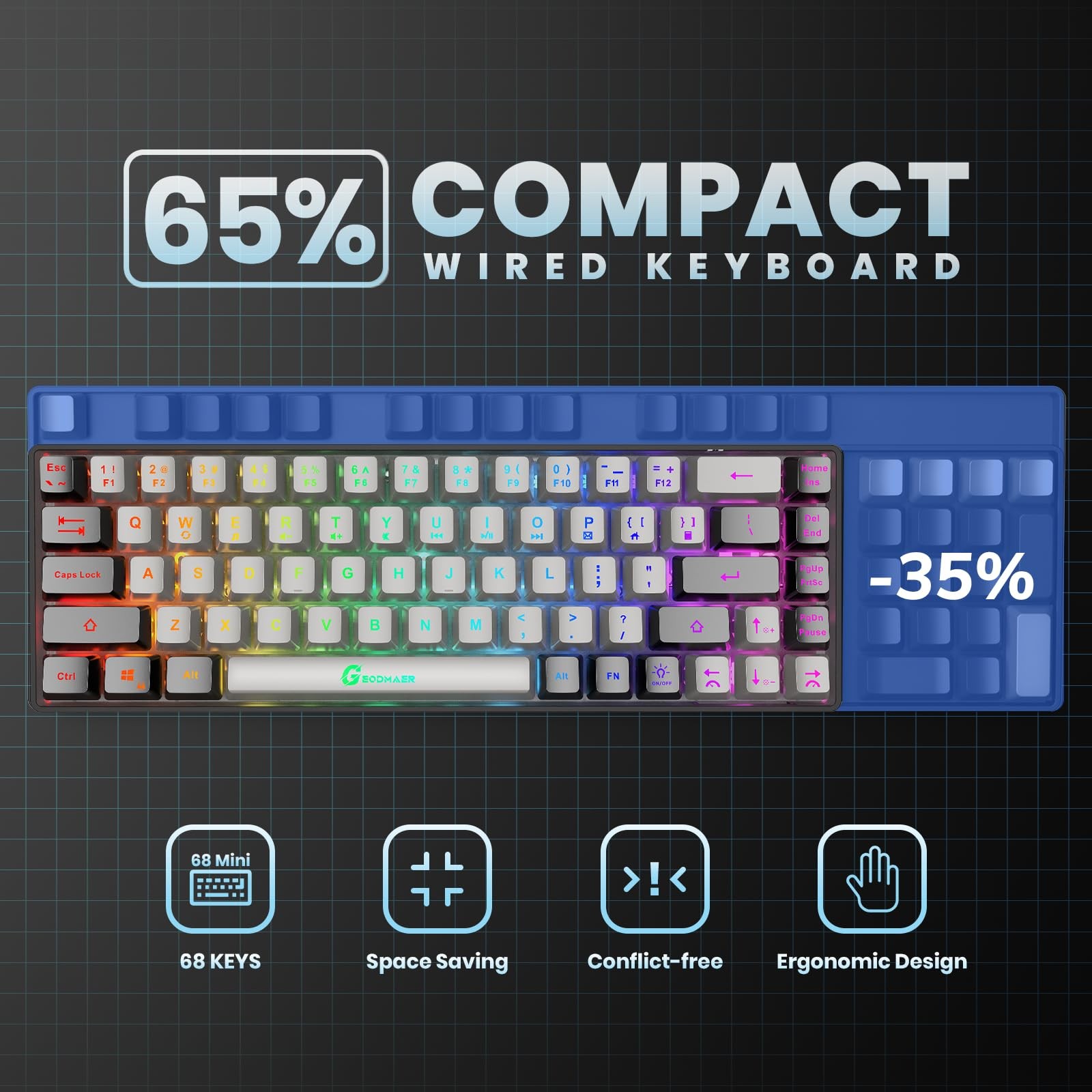 Geodmaer 65 Gaming Keyboard Wired Backlit Mini Keyboard Ultra-Compact