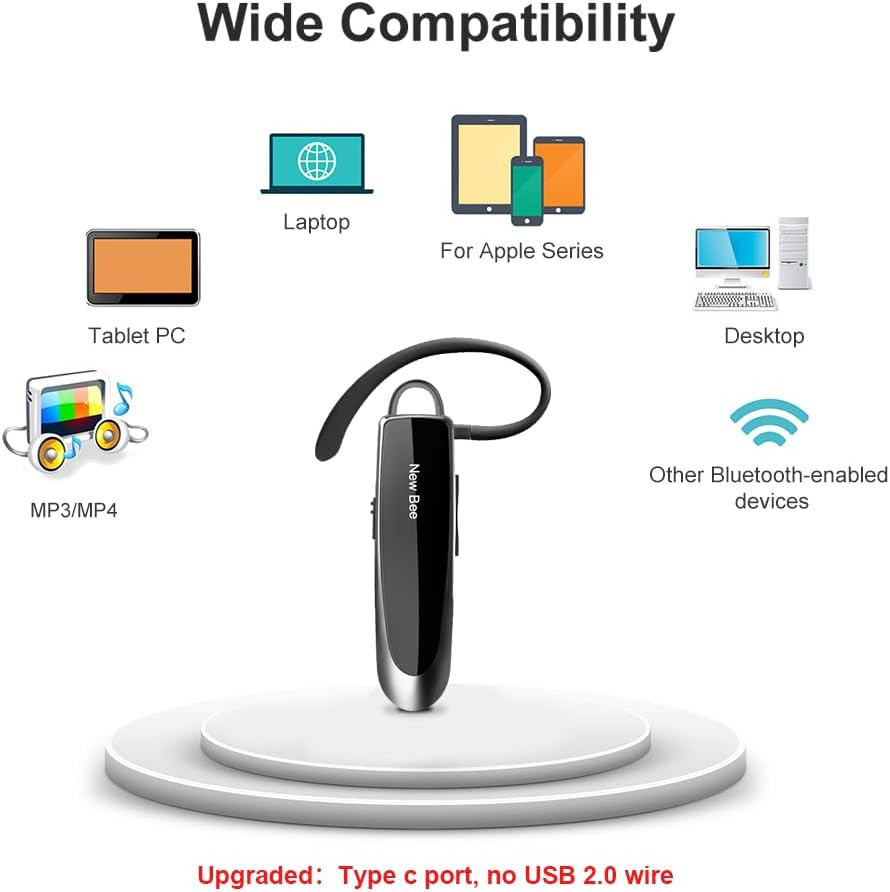New bee Bluetooth Earpiece V5.0 Wireless Handsfree Headset with Microphone 24 Hr