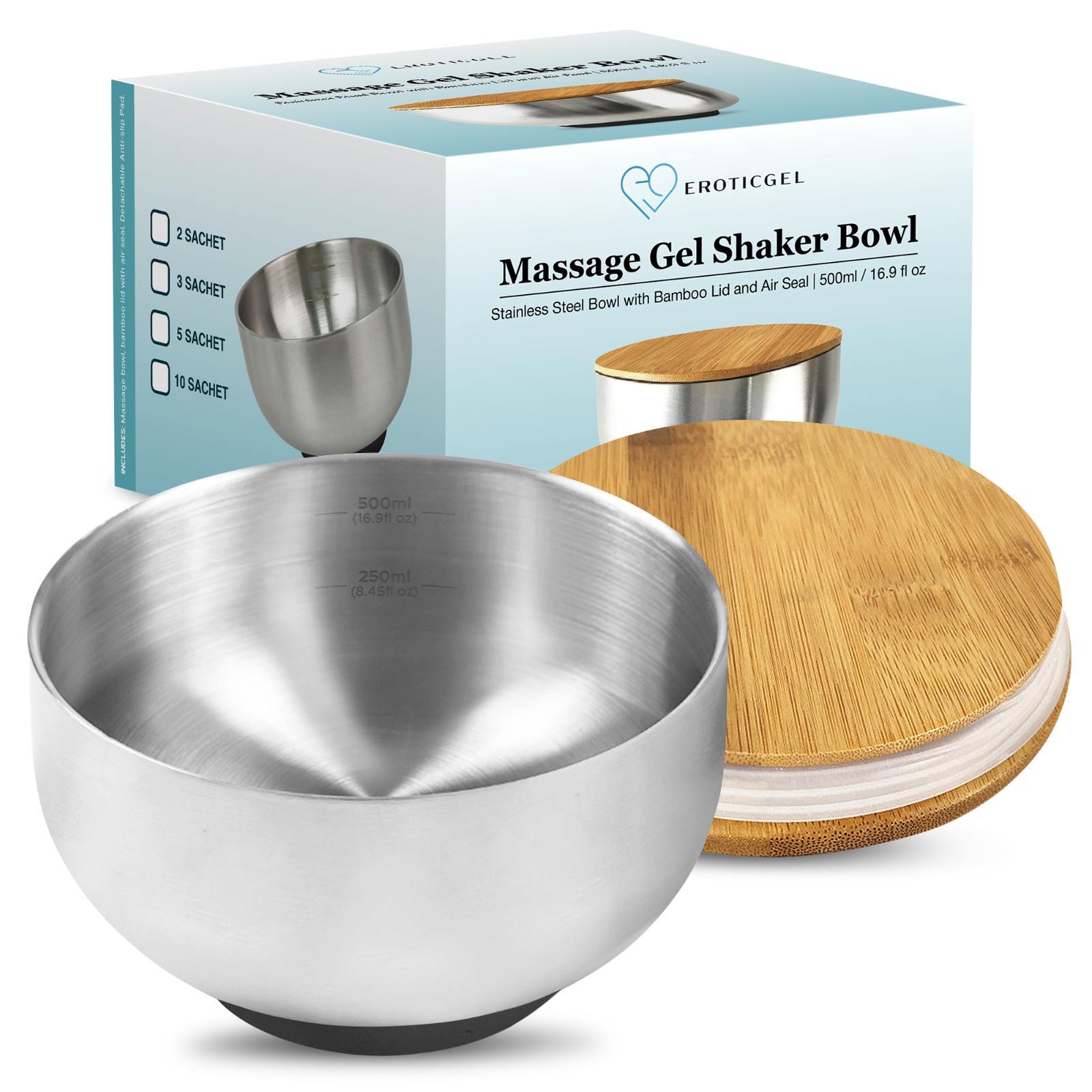 Nuru Massage Mixing Bowl | 304 Stainless Steel with Bamboo Lid | 16.9 fl oz