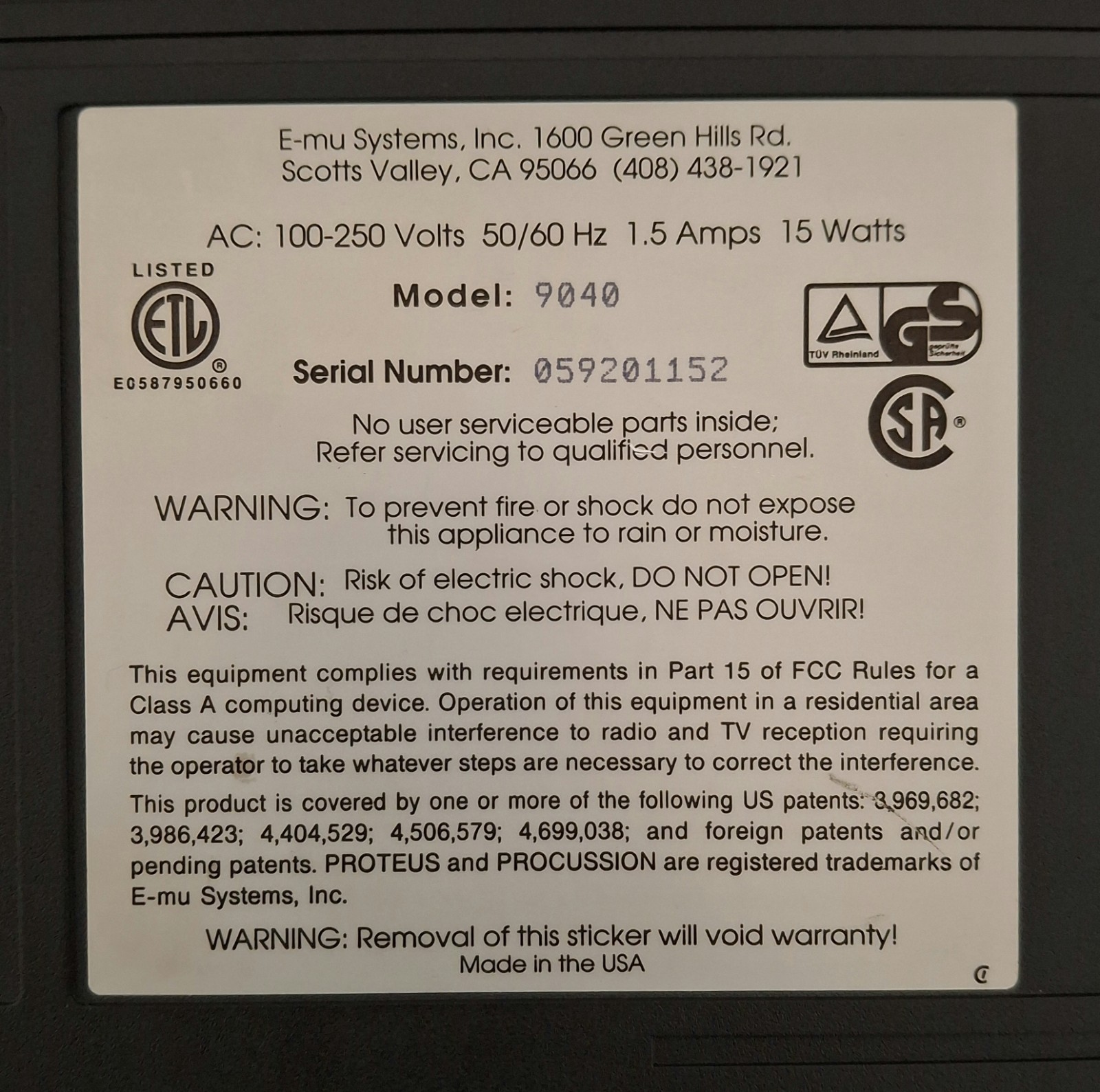 E-MU Systems Proteus 3 World 16 Bit Multi-Timbral Digital Sound Module 9040