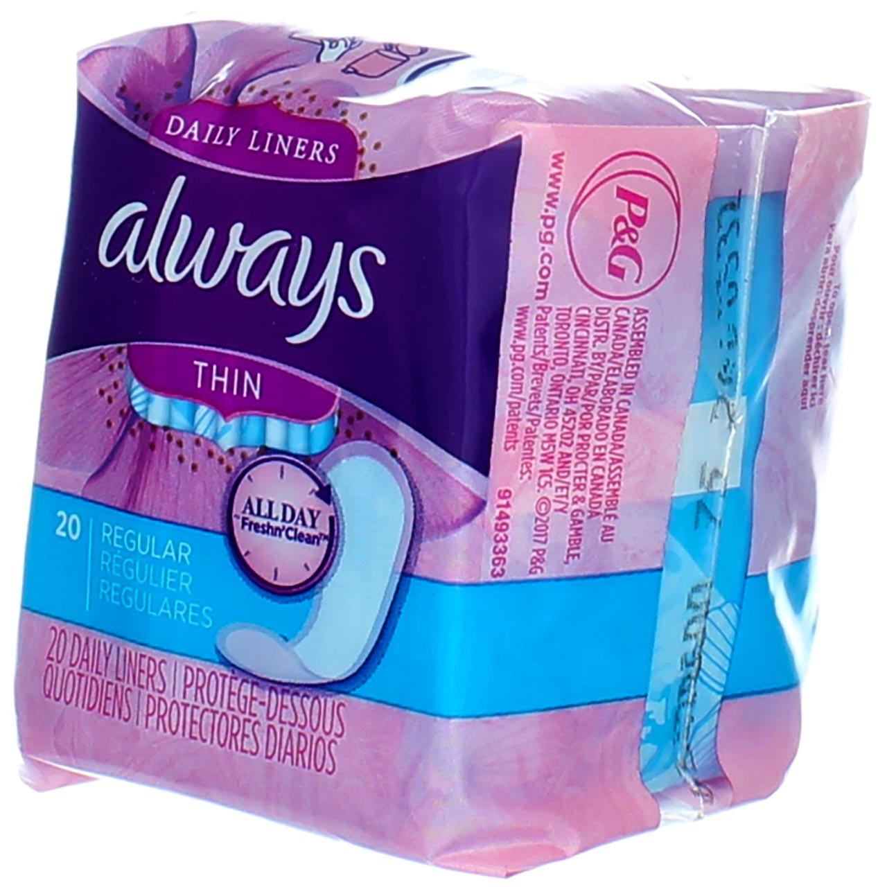 4 Pack Always Thin Daily Liners, Regular, Wrapped, Unscented, 20 Ct