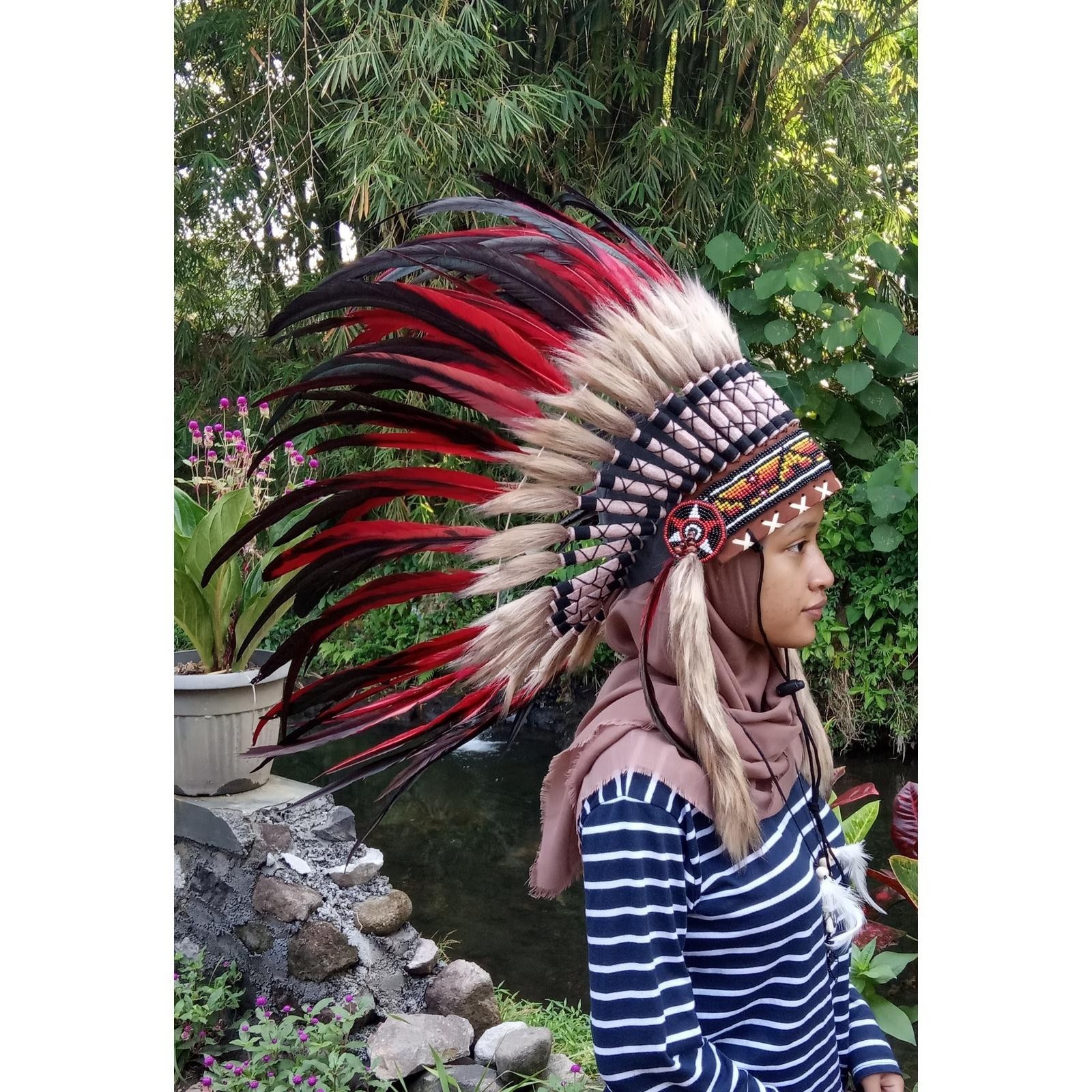 Carnival Party Festival Costume Hat Warbonnet Feather Indian Headdress Red Small