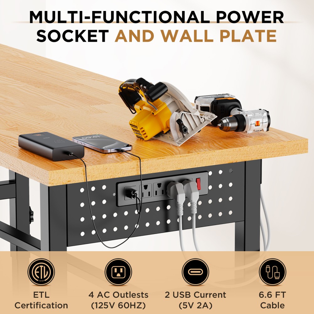 60" Adjustable Workbench w/ Drawers, 2000lb Cap, LED Light, Outlet
