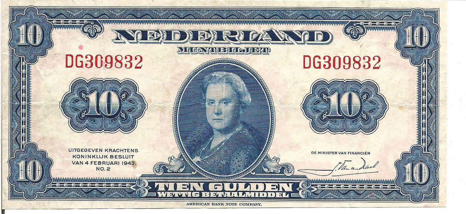 NETHERLANDS, 10 GULDEN, Qn. Wilhelmina @ ctr, 1943