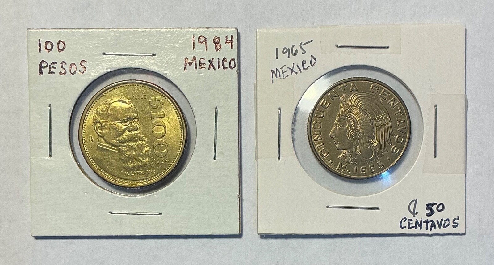 MEXICO 1965 50 CENTAVOS AZTECA COIN AND 1984 $100 PESOS CARRANZAS COIN - 2 COINS