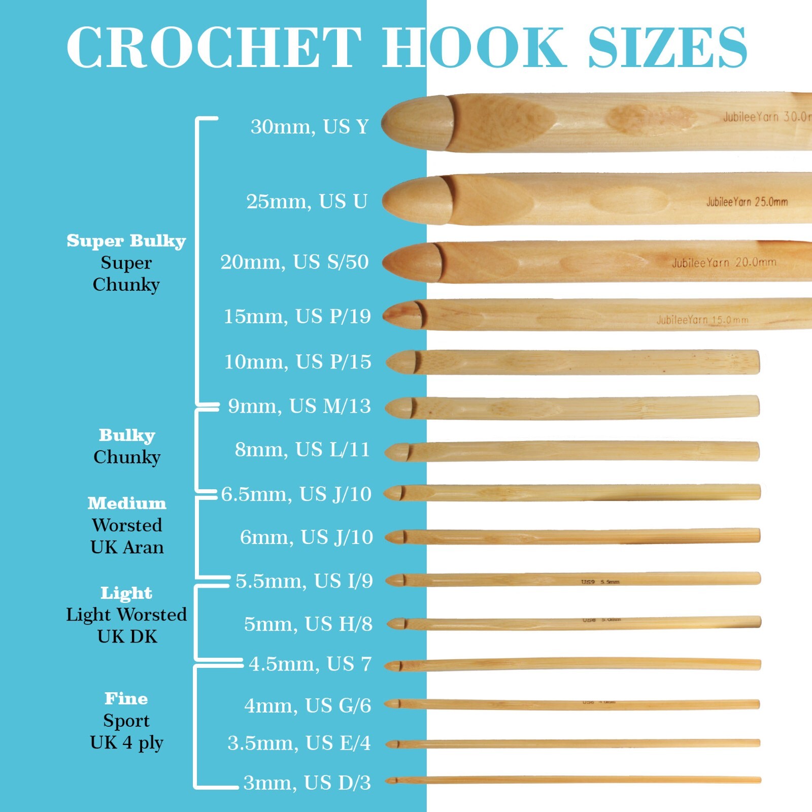 JubileeYarn 15pc Bamboo Crochet Hook Set